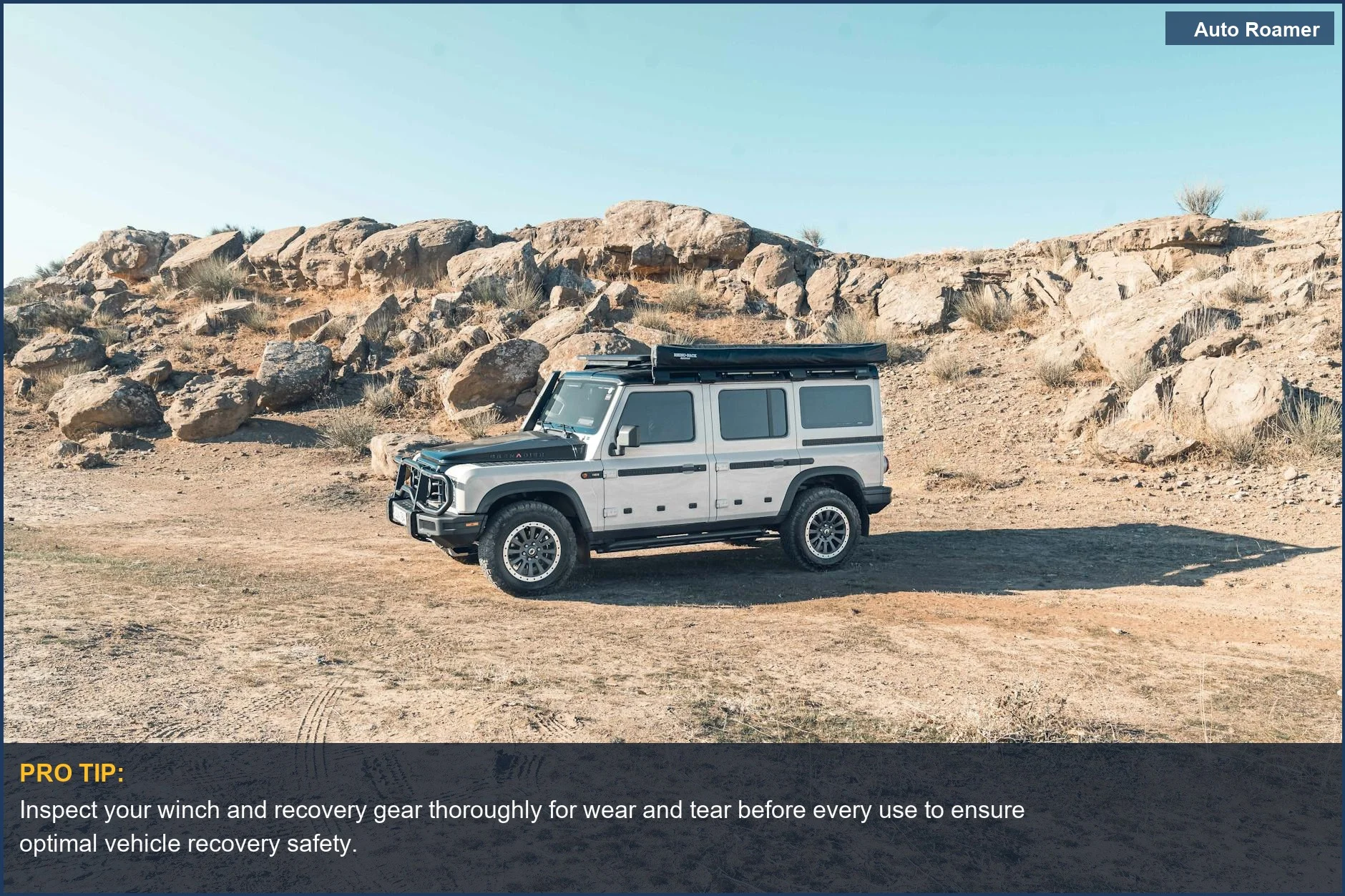 Rugged 4x4 vehicle in desert landscape, highlighting vehicle recovery safety for off-road adventures.
