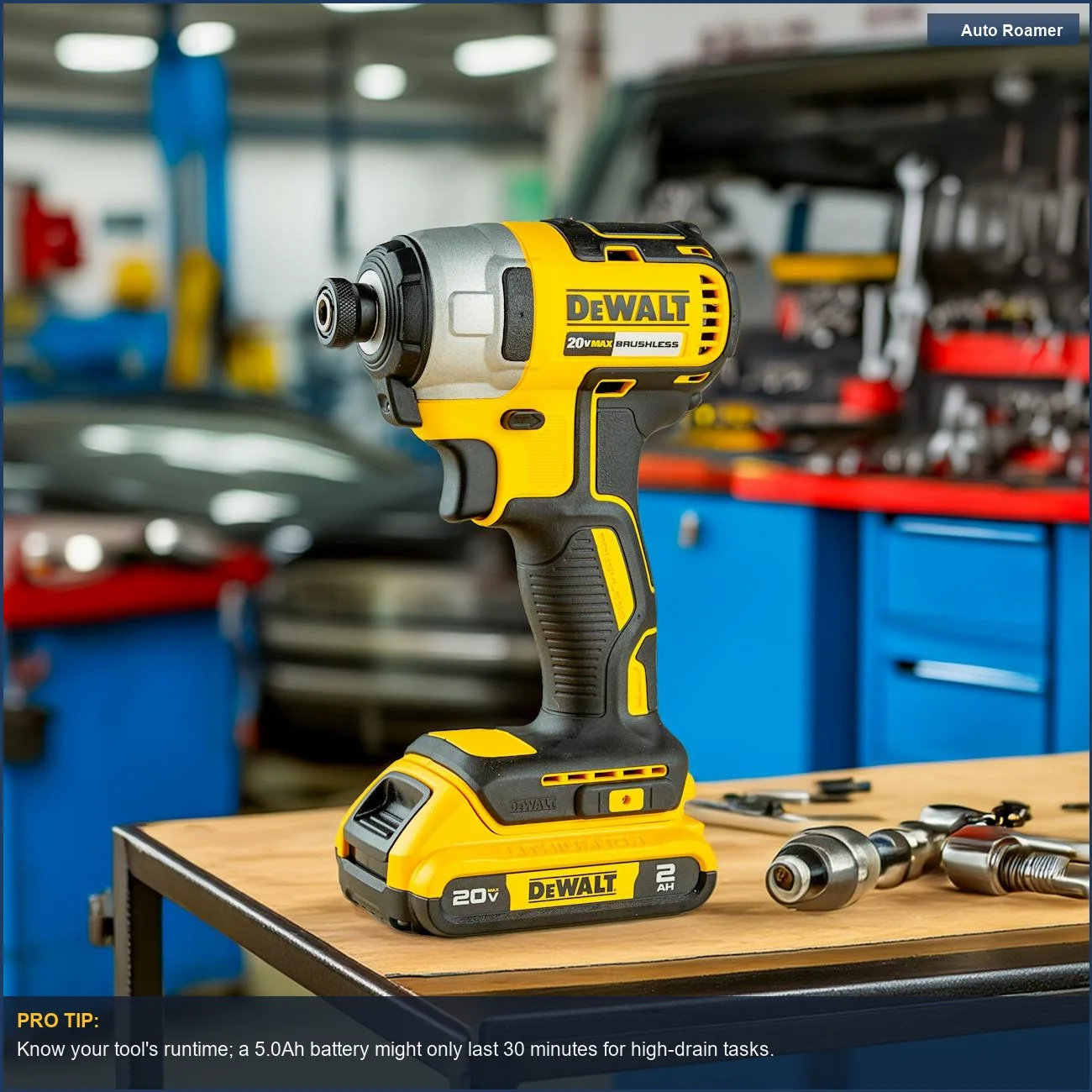 DeWalt power drill in a workshop, demonstrating the need for battery management with camping tools.