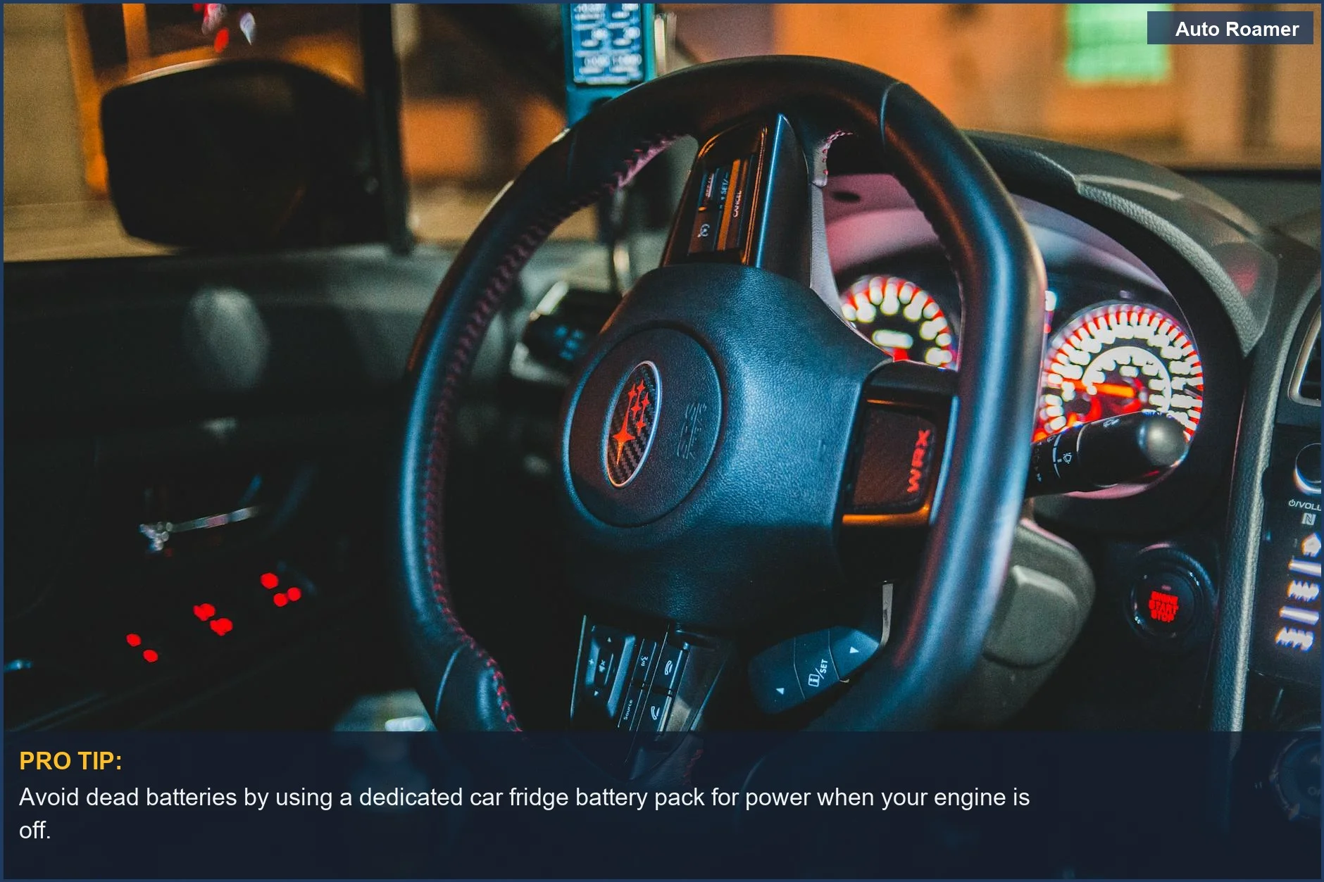 Car dashboard with illuminated controls, highlighting the need for a separate car fridge battery solution.