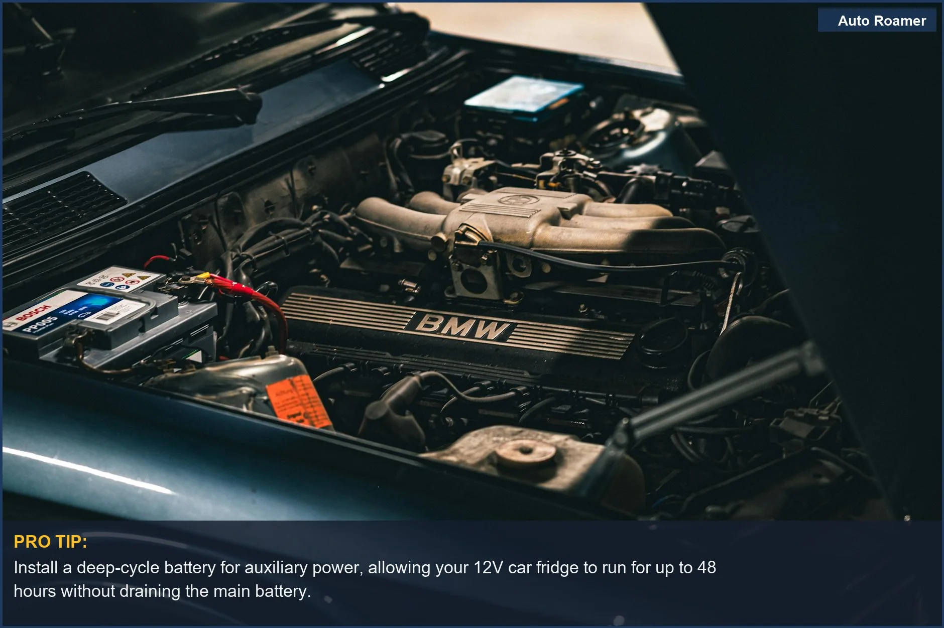 Detailed view of a BMW car engine and battery, crucial for understanding 12V car fridge power sources.