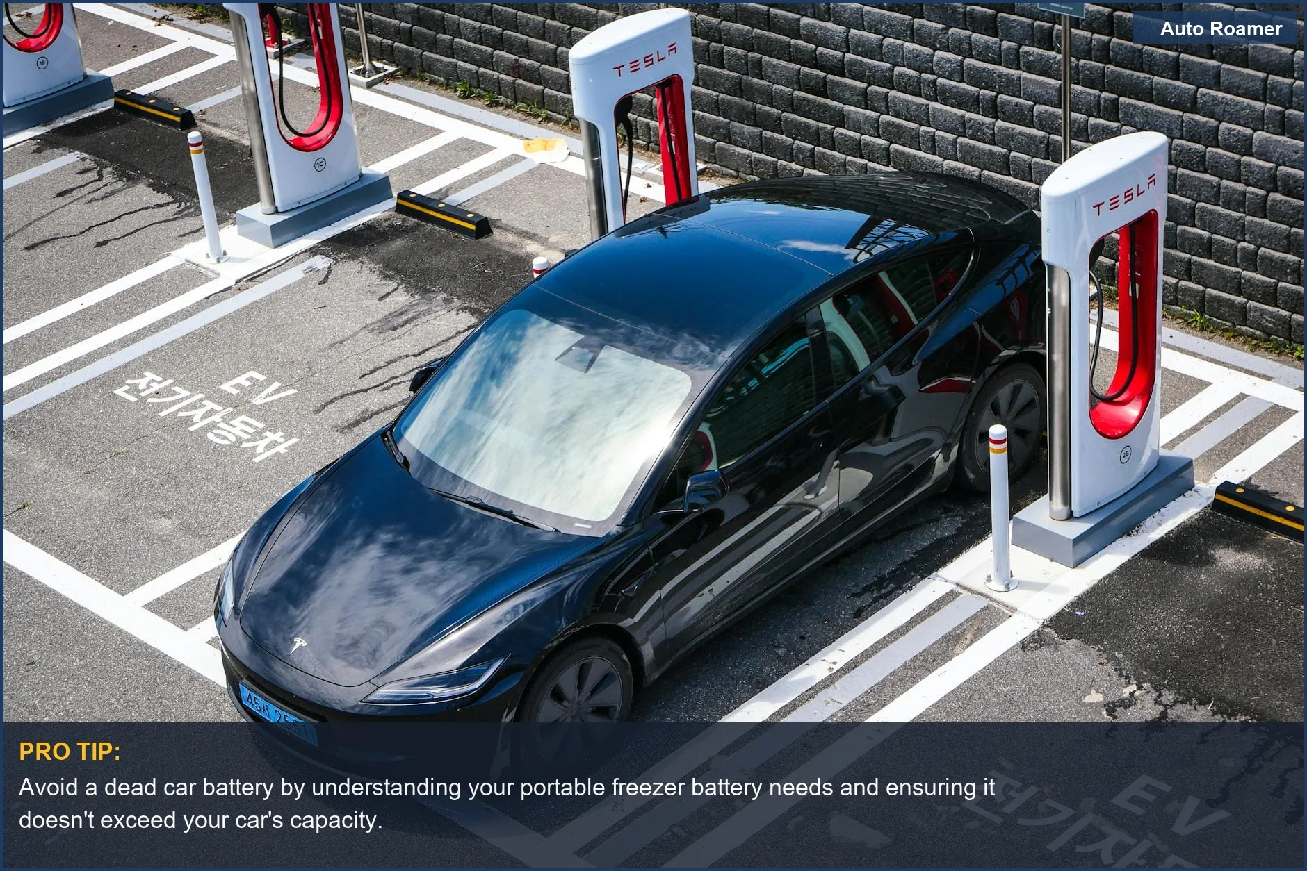 Urban charging station powers a sleek black Tesla, illustrating the need for reliable 12v fridge power options.