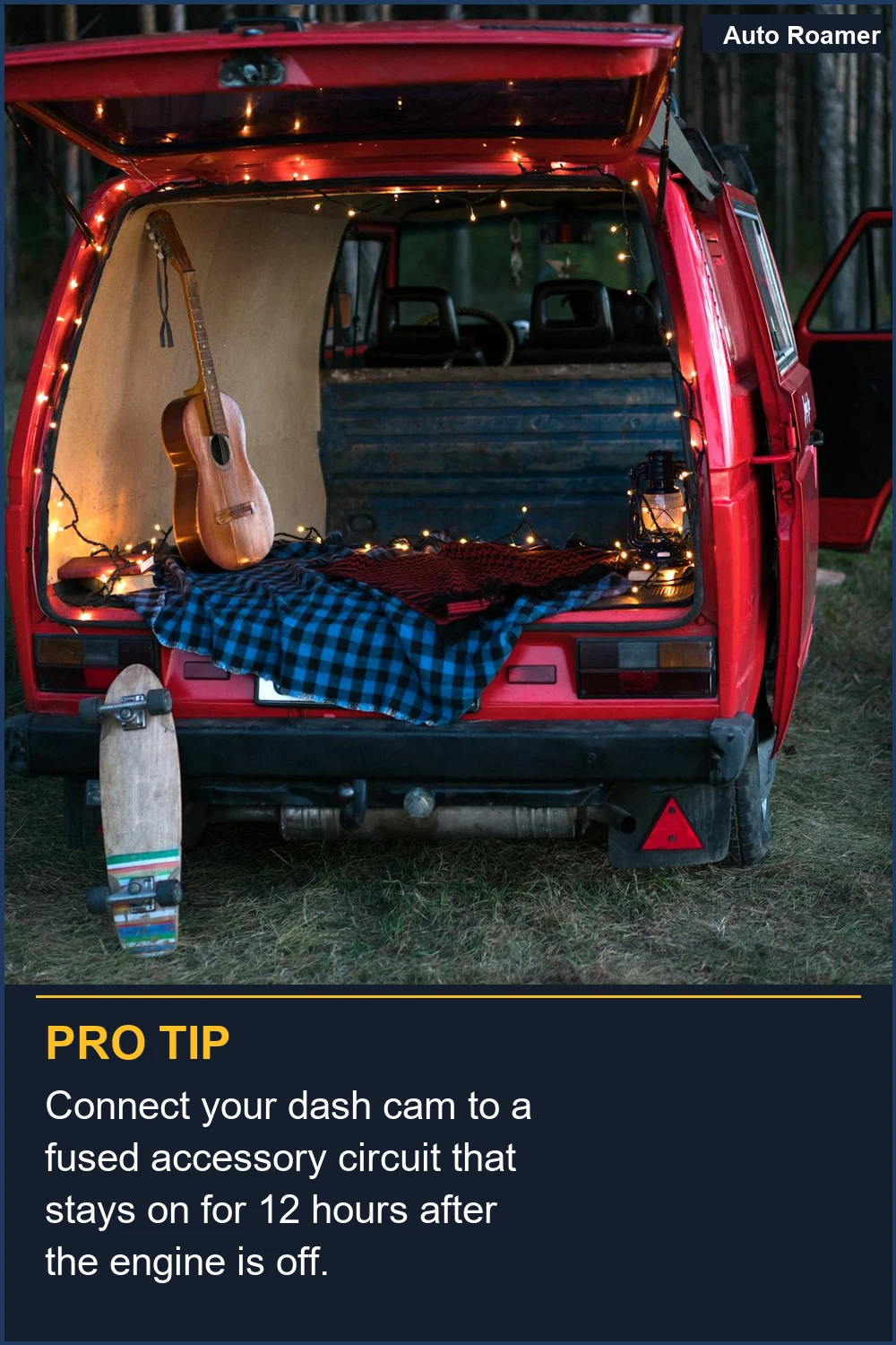 Connect your dash cam to a fused accessory circuit that stays on for 12 hours after the engine is off.