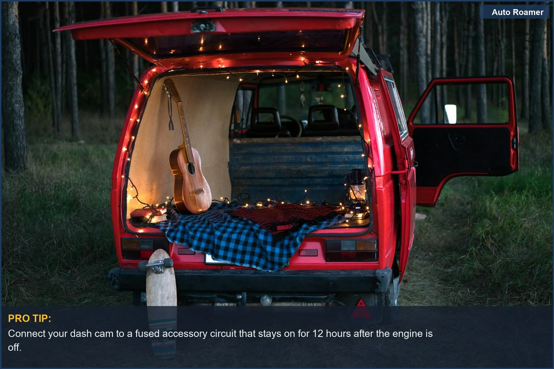 Cozy Kia Soul camping setup at dusk, emphasizing reliable dash cam power solutions.