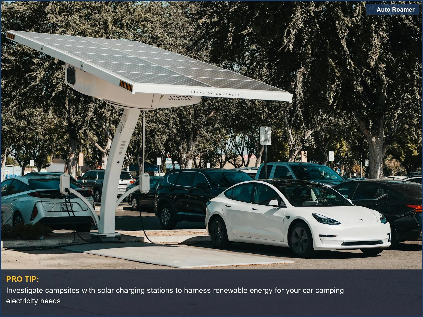 Electric car charging at an outdoor solar station, showcasing renewable car camping electricity options.