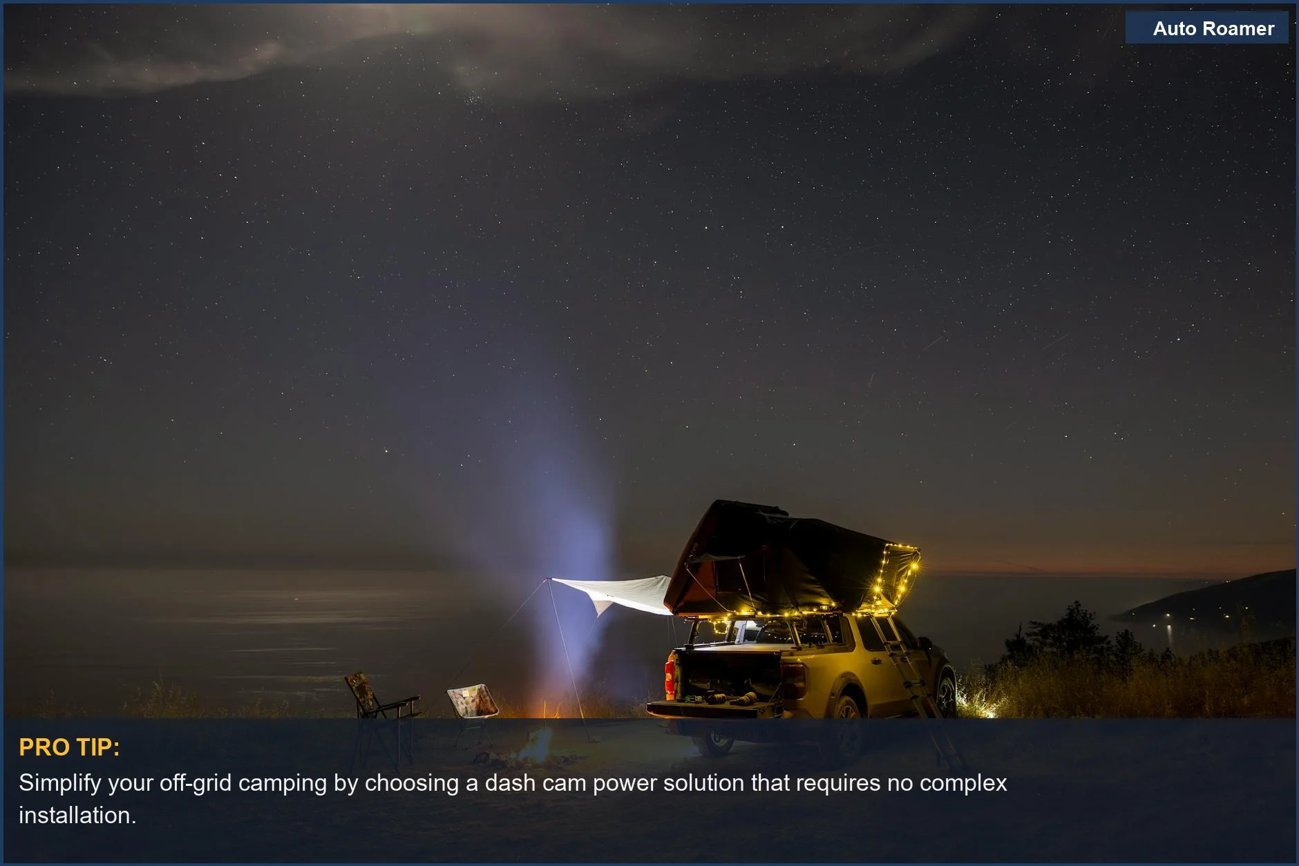 Peaceful off-grid camping setup with vehicle and campfire under starlit sky, highlighting the need for reliable dash cam power.