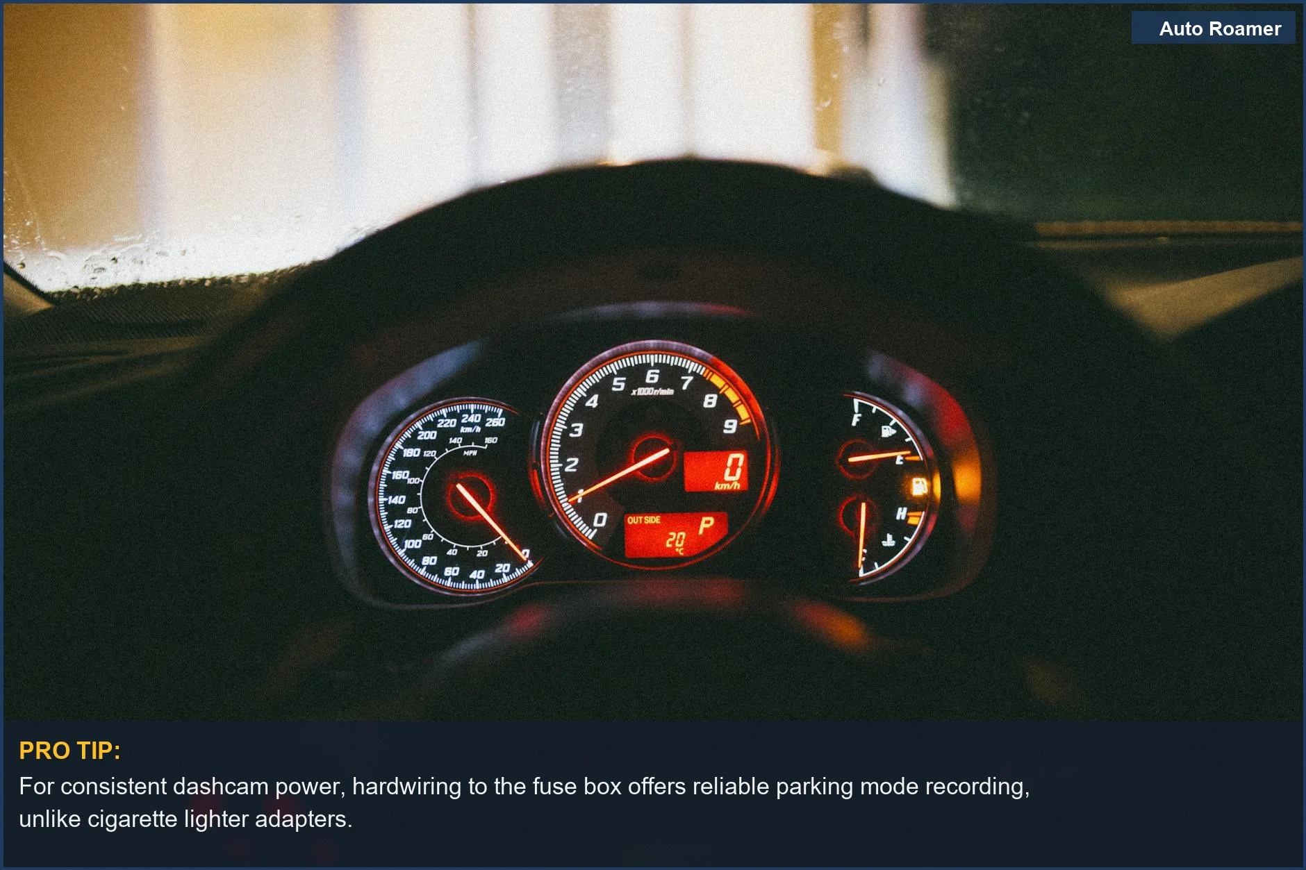 Nighttime car dashboard with glowing gauges and controls, ideal for understanding dashcam power options.
