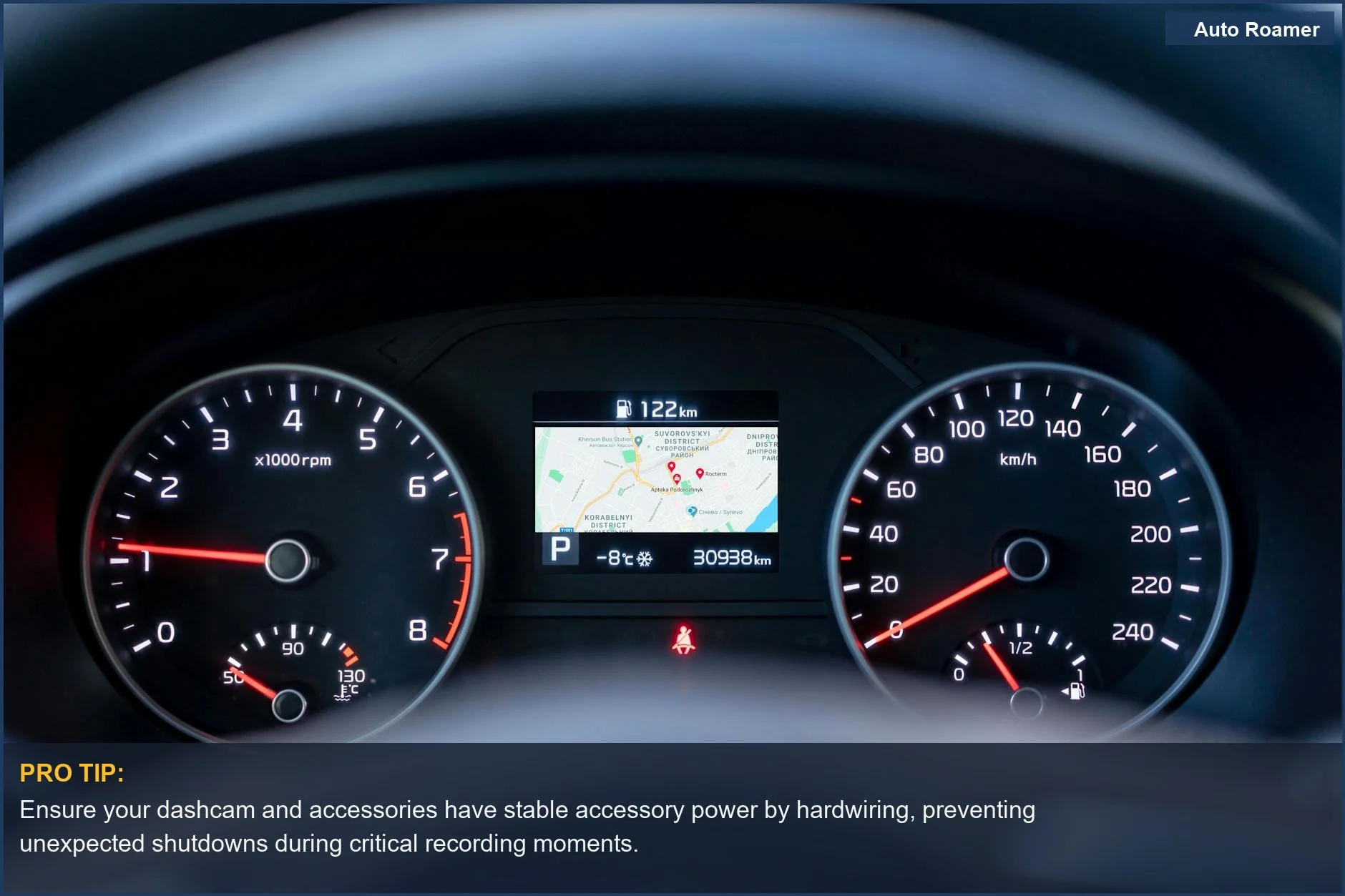 Close-up of a car dashboard displaying a speedometer, tachometer, and GPS, crucial for accessory power management.