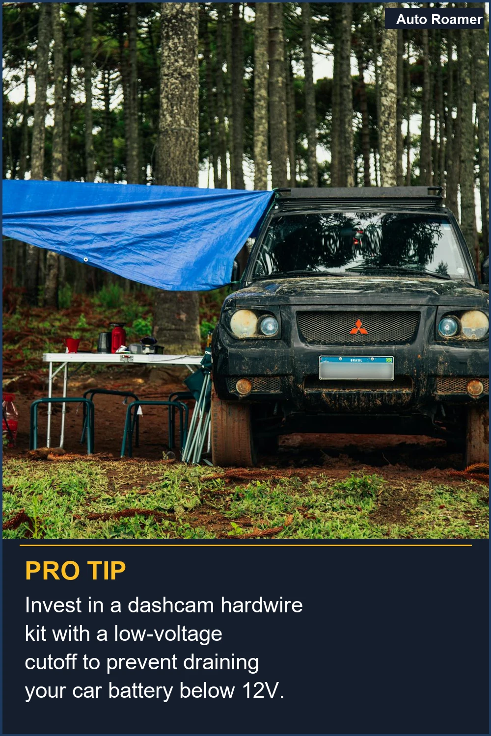 Invest in a dashcam hardwire kit with a low-voltage cutoff to prevent draining your car battery below 12V.