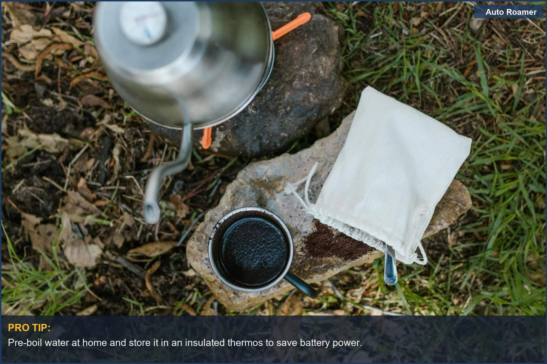 Enjoying a hot cup of coffee from an electric kettle during a relaxing camping trip.
