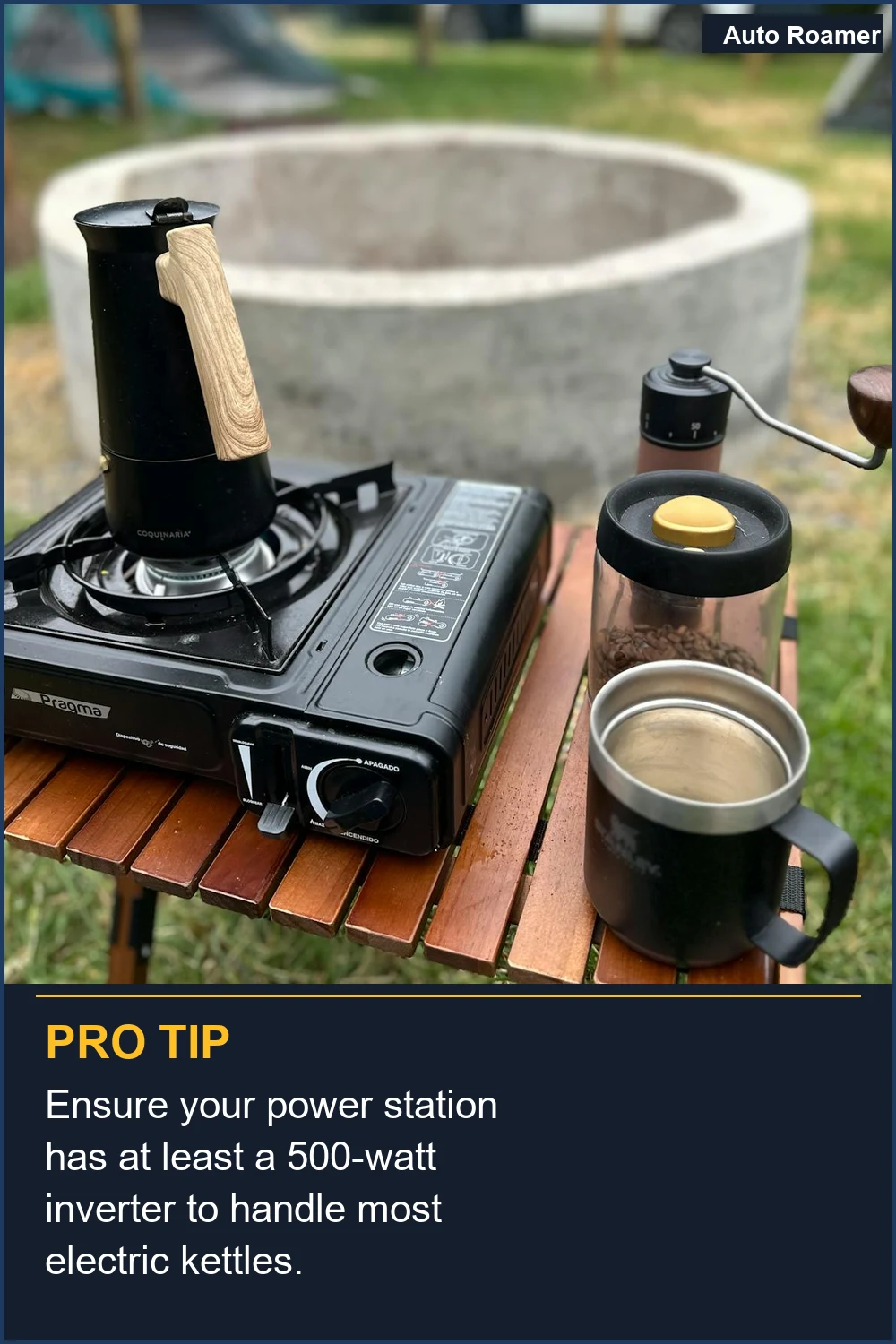 Ensure your power station has at least a 500-watt inverter to handle most electric kettles.