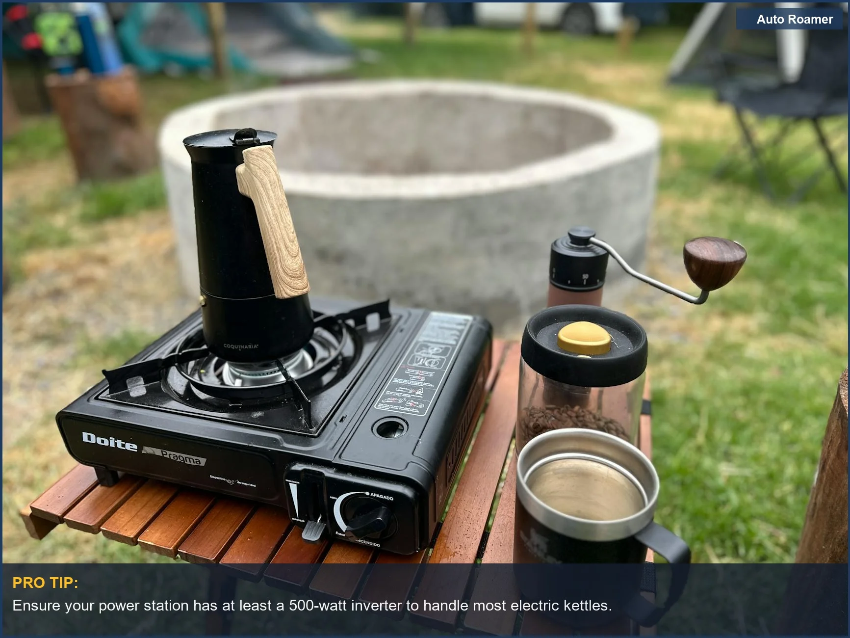 Portable power station powering an electric kettle for car camping convenience.