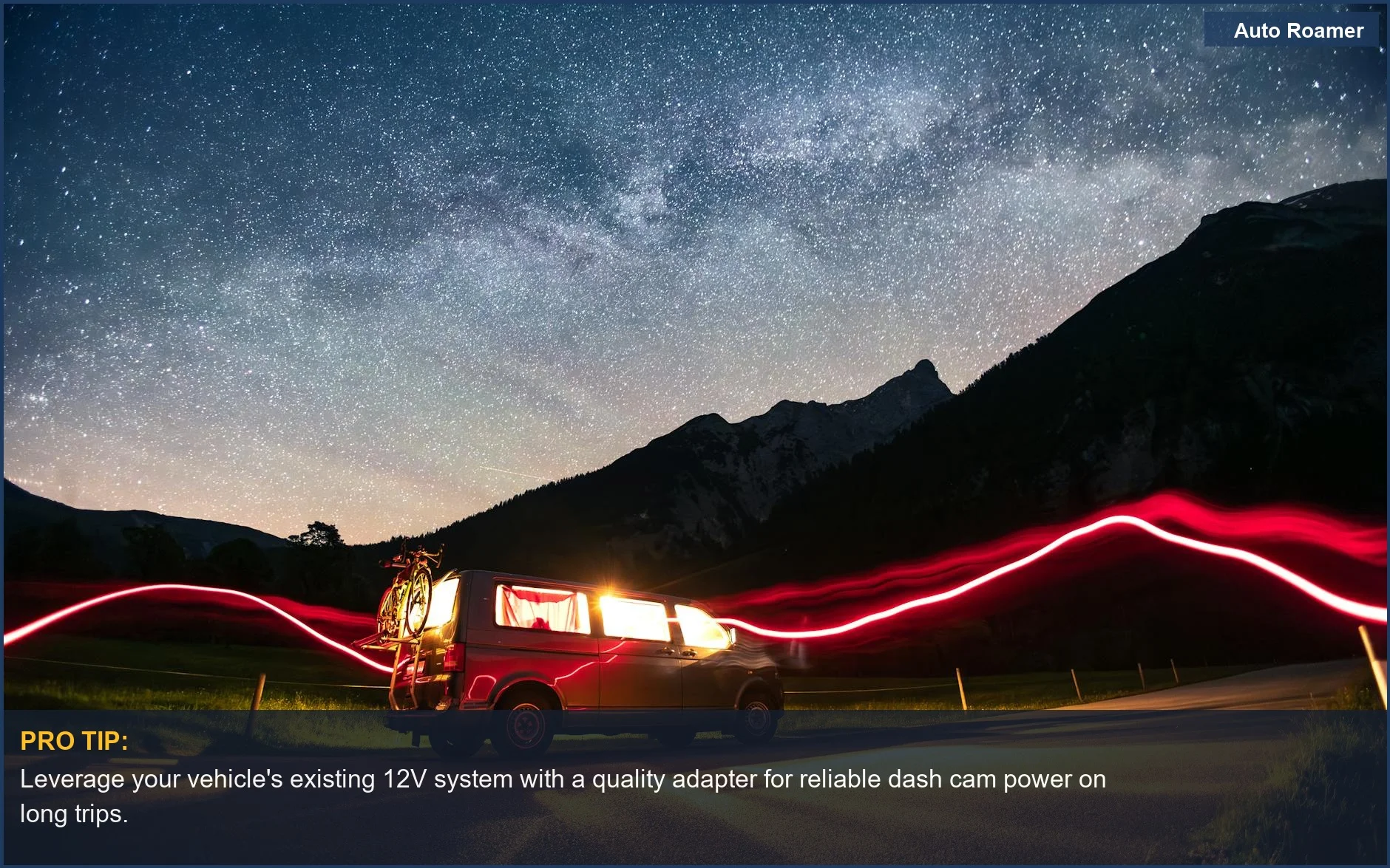 Van under starry sky with bikes, illustrating vehicle electronics for remote camping power.