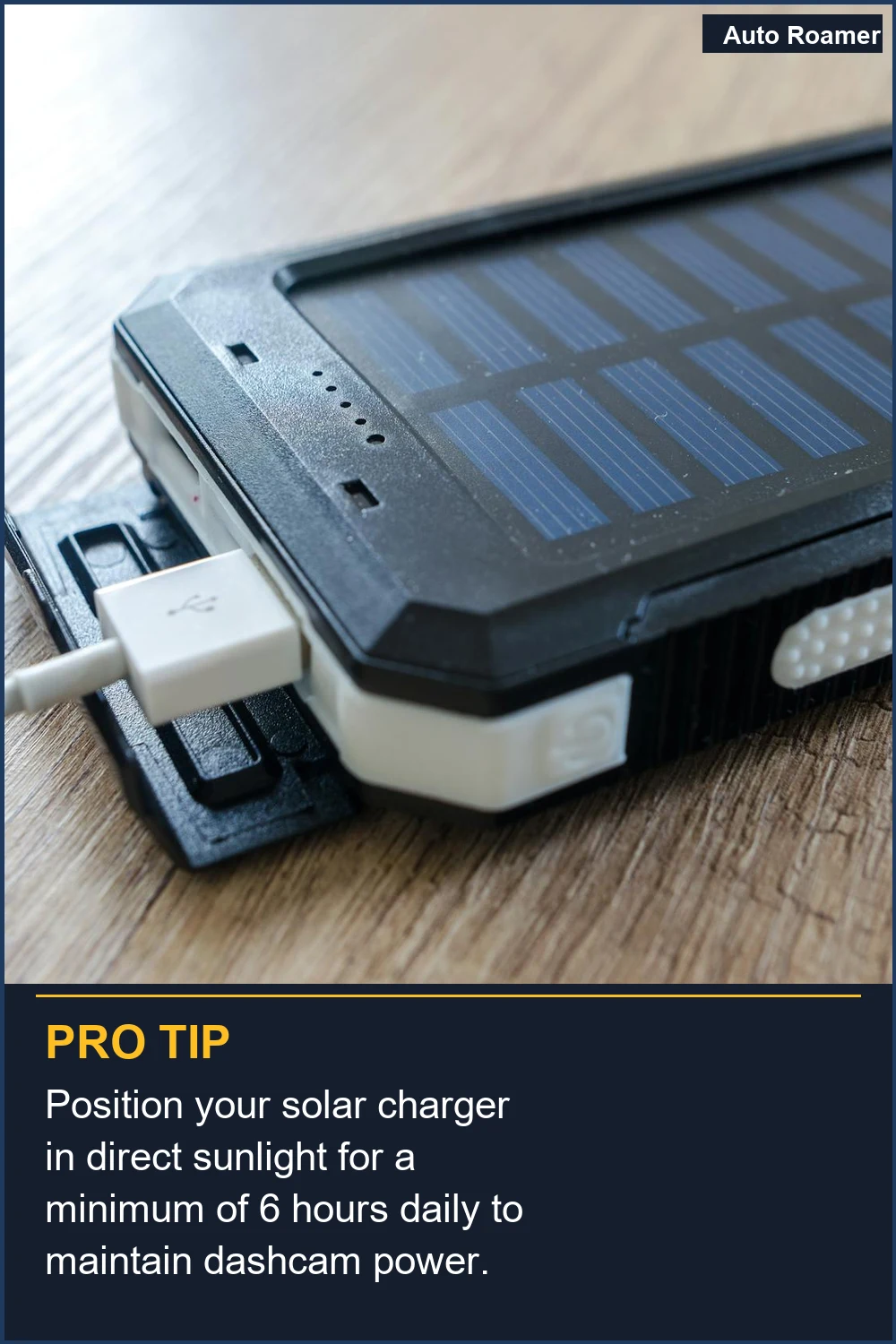Position your solar charger in direct sunlight for a minimum of 6 hours daily to maintain dashcam power.