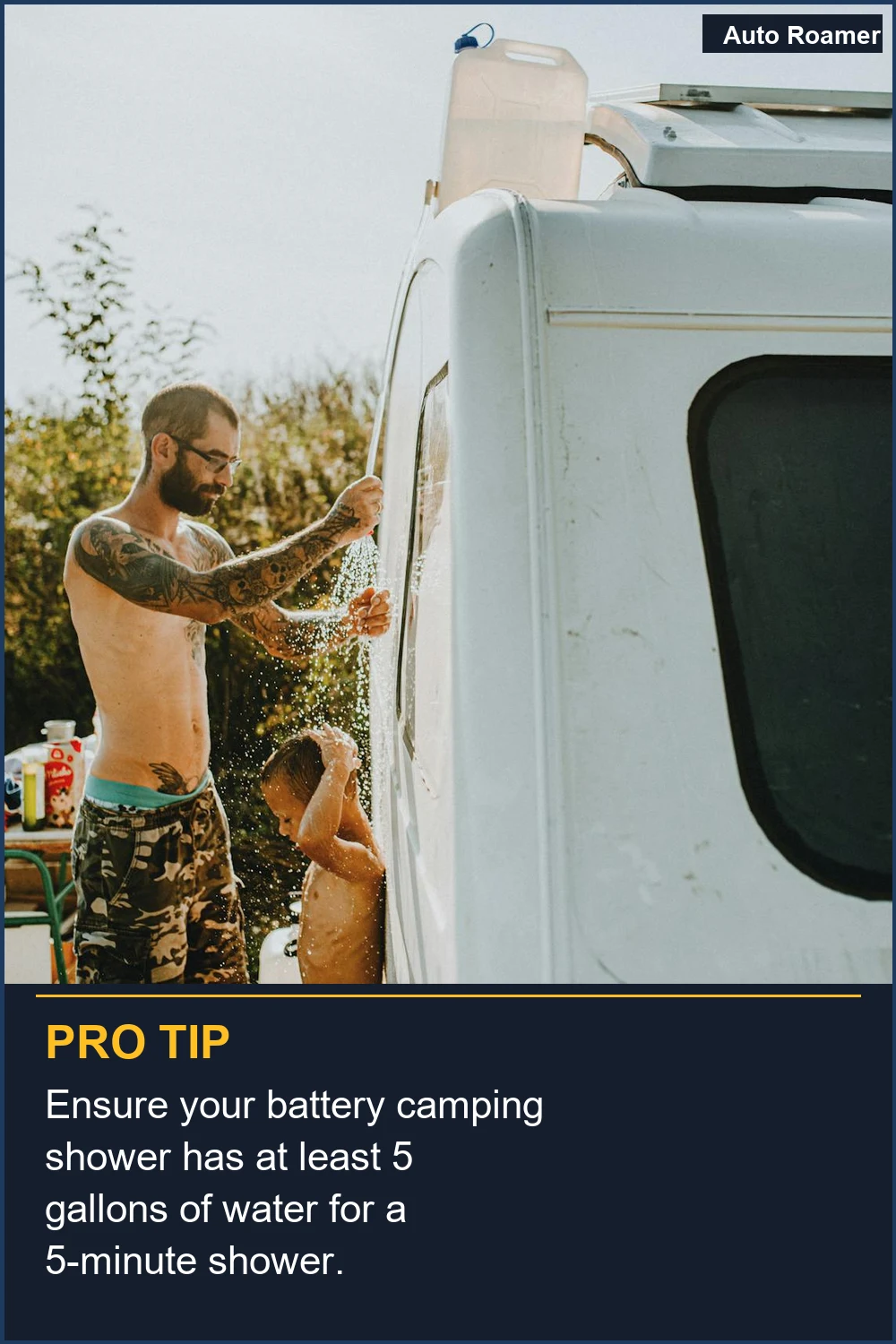 Ensure your battery camping shower has at least 5 gallons of water for a 5-minute shower.