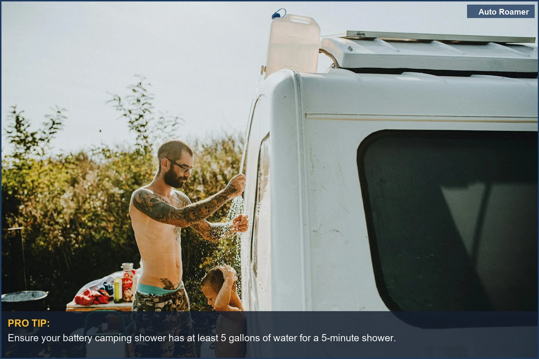 Father and son enjoying a battery camping shower after a day of outdoor adventures.