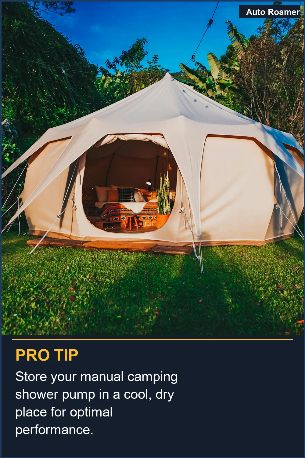 Store your manual camping shower pump in a cool, dry place for optimal performance.