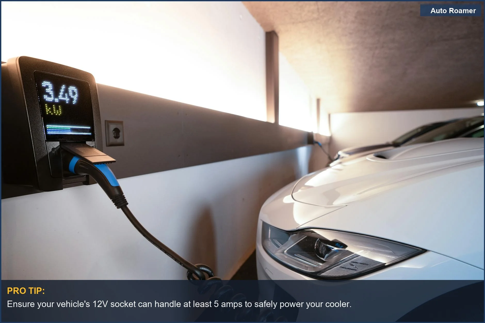 Electric car charging at an indoor station, illustrating efficient portable cooler power options for vehicles.