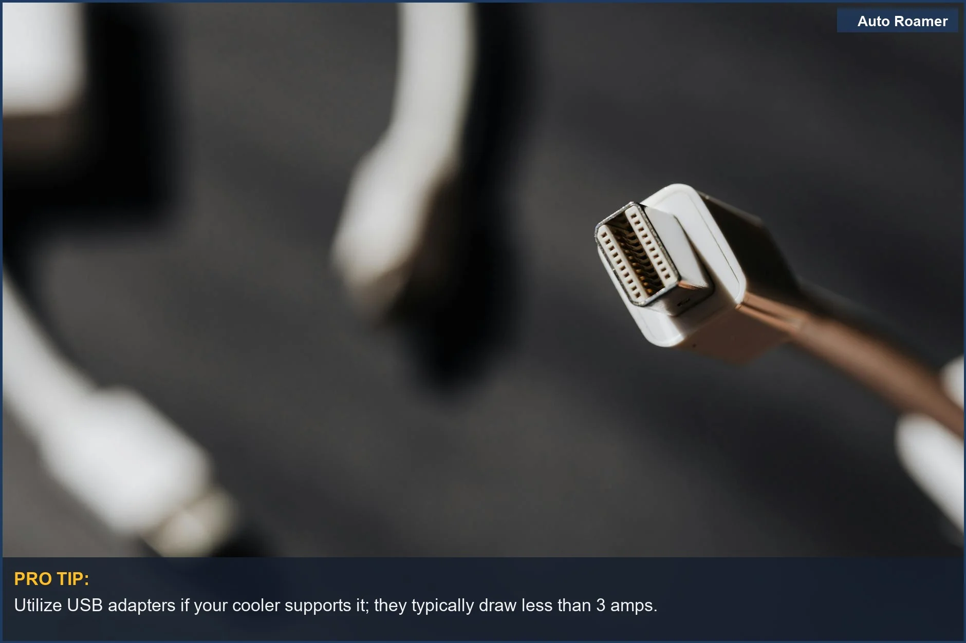 Close-up macro shot of a USB connector, showing details relevant to portable cooler power sources.