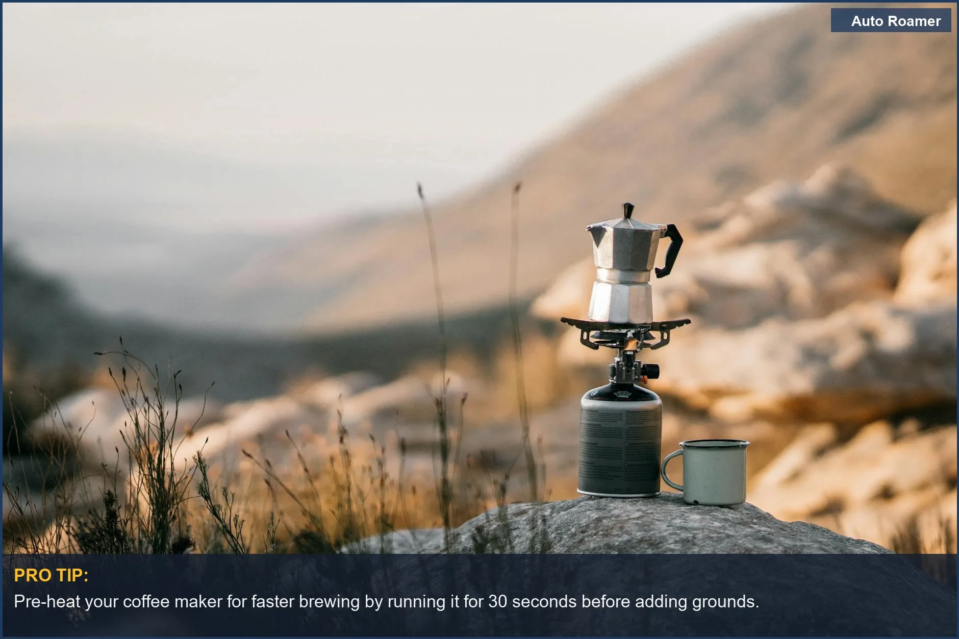 Enjoying a hot cup of coffee brewed on a portable stove with a mountain view, perfect for camping power needs.