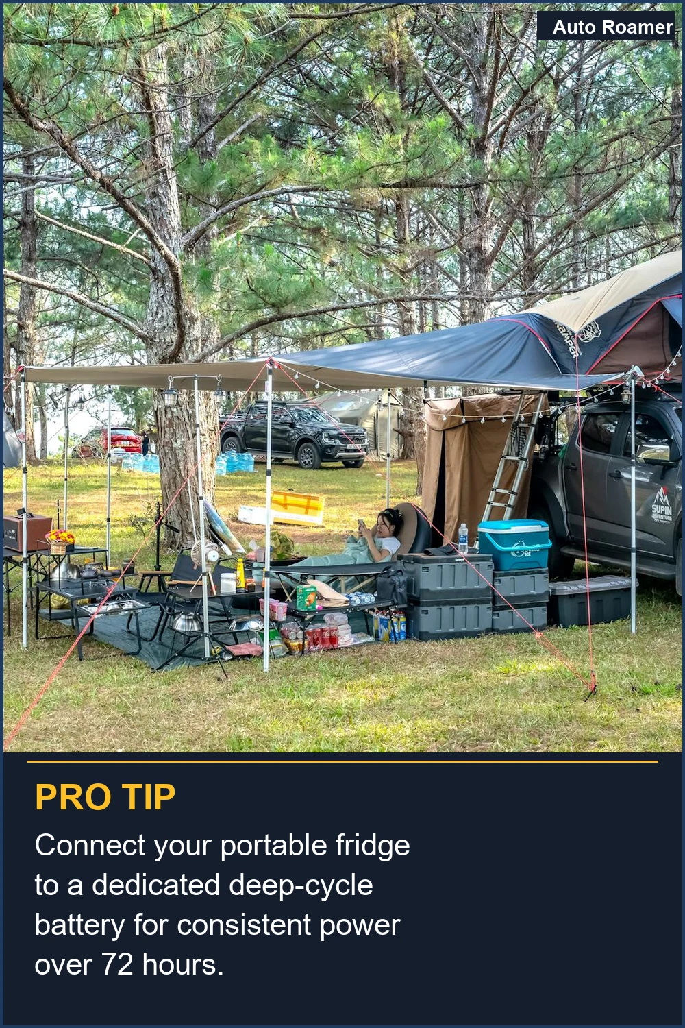 Connect your portable fridge to a dedicated deep-cycle battery for consistent power over 72 hours.