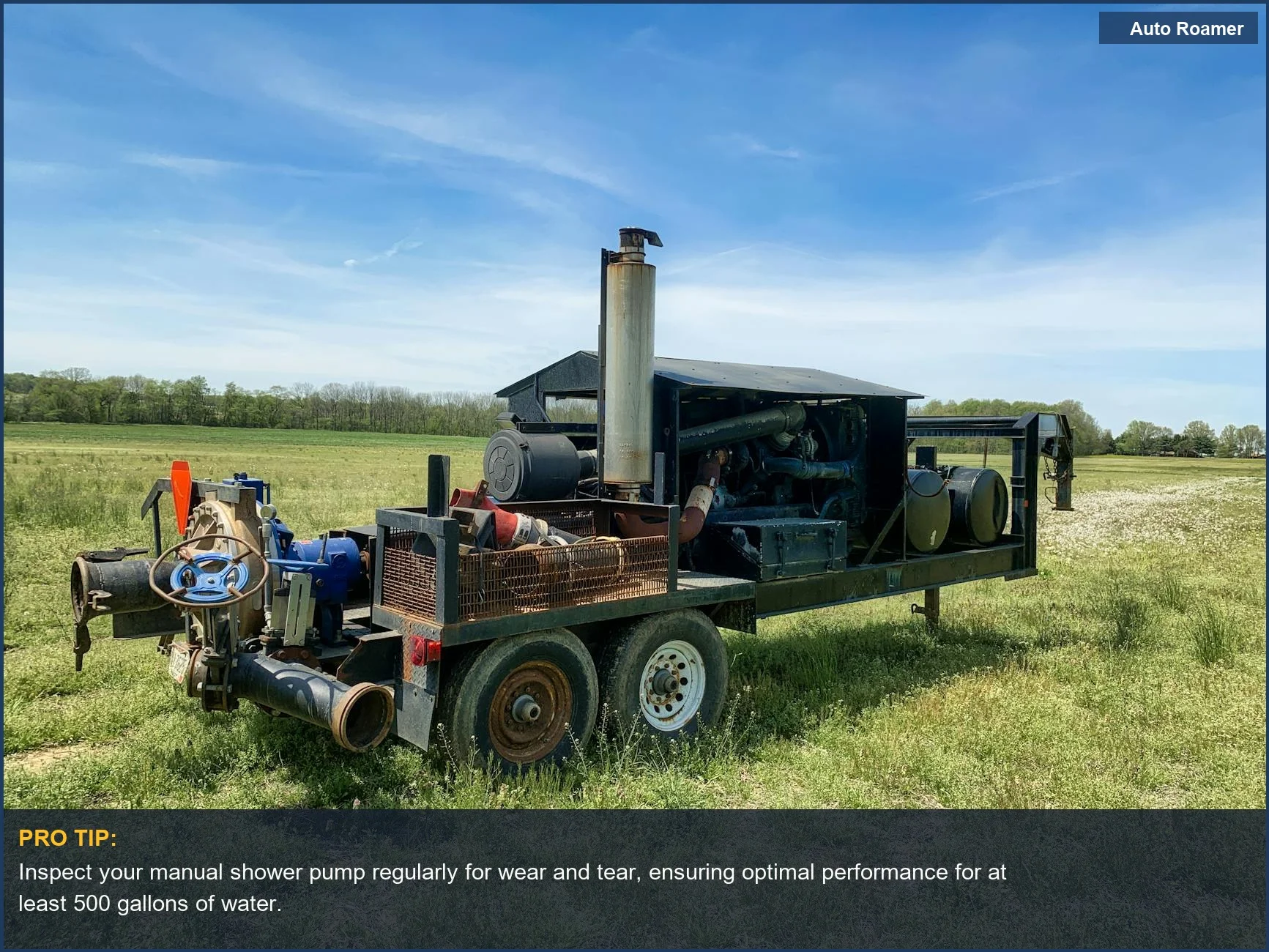 Diesel engine water pump in a field, illustrating the power source for a manual camping shower.