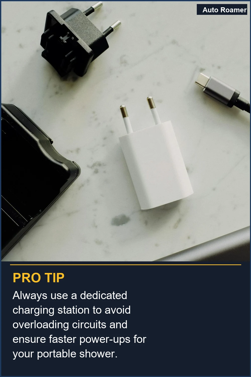 Always use a dedicated charging station to avoid overloading circuits and ensure faster power-ups for your portable shower.