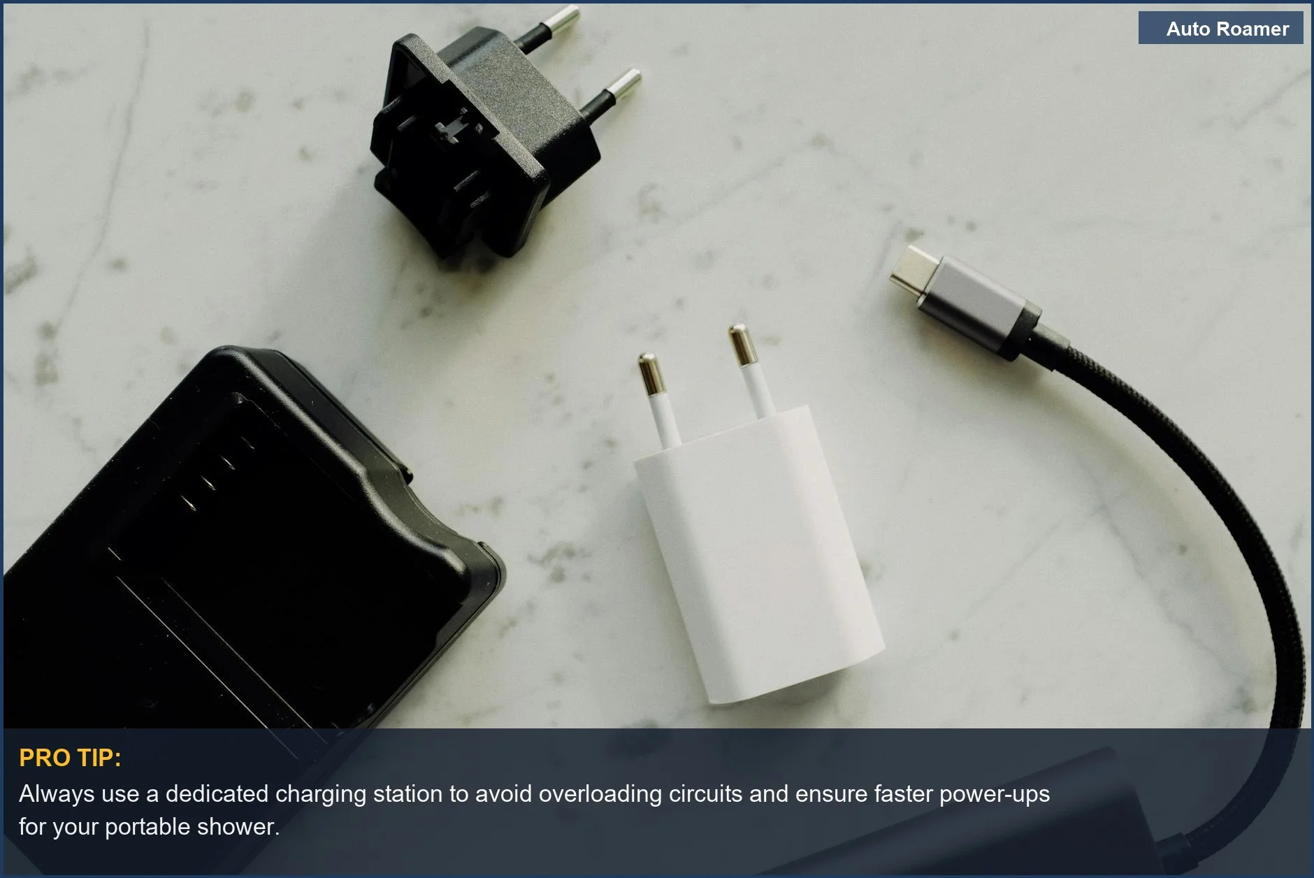 Electronic adapters and chargers on a marble surface, demonstrating battery powered shower charging convenience.