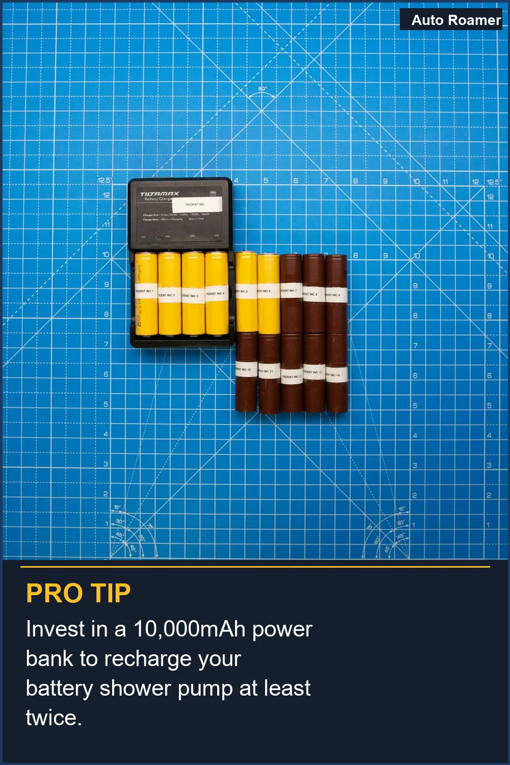 Invest in a 10,000mAh power bank to recharge your battery shower pump at least twice.