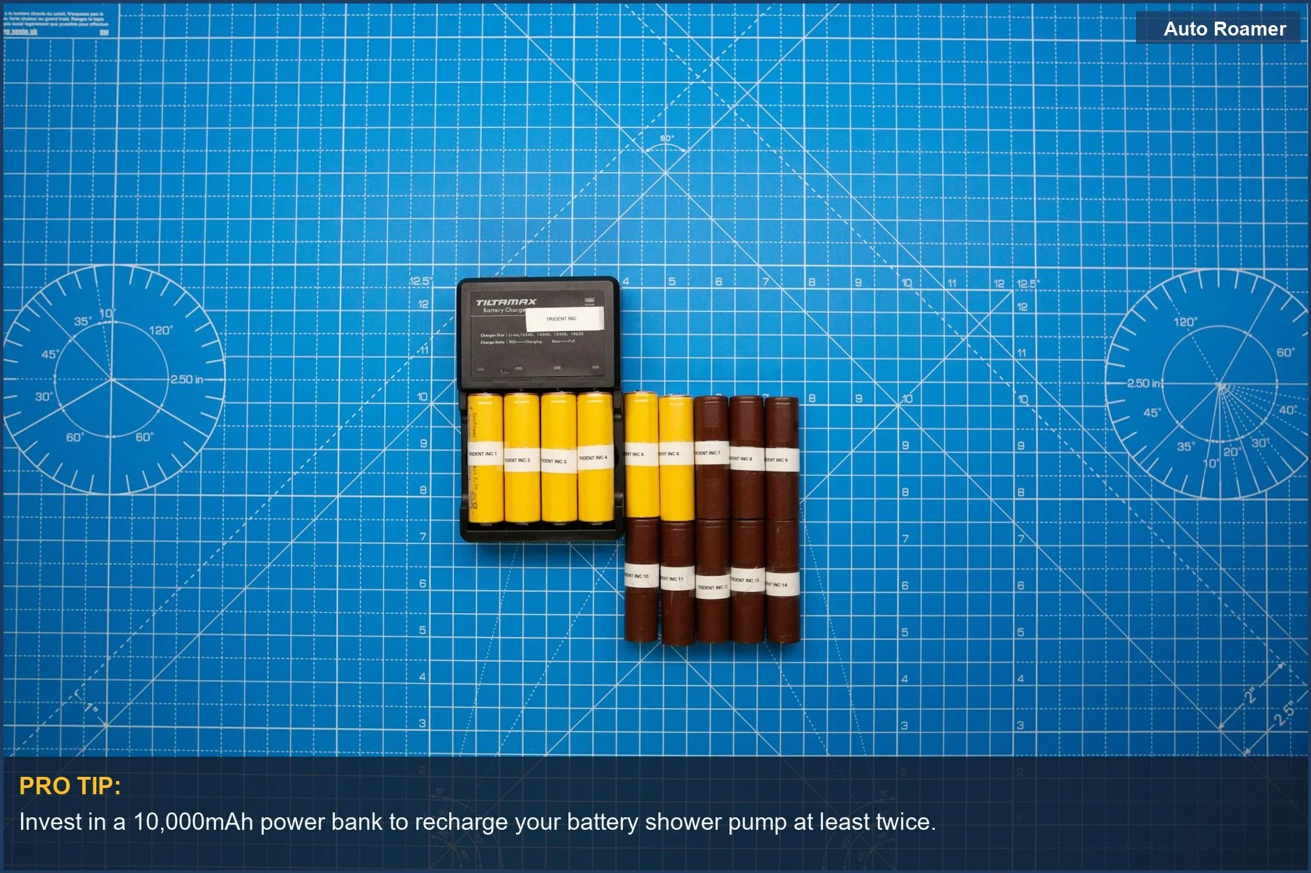 Organized batteries and charger highlight options for battery shower pump power sources.