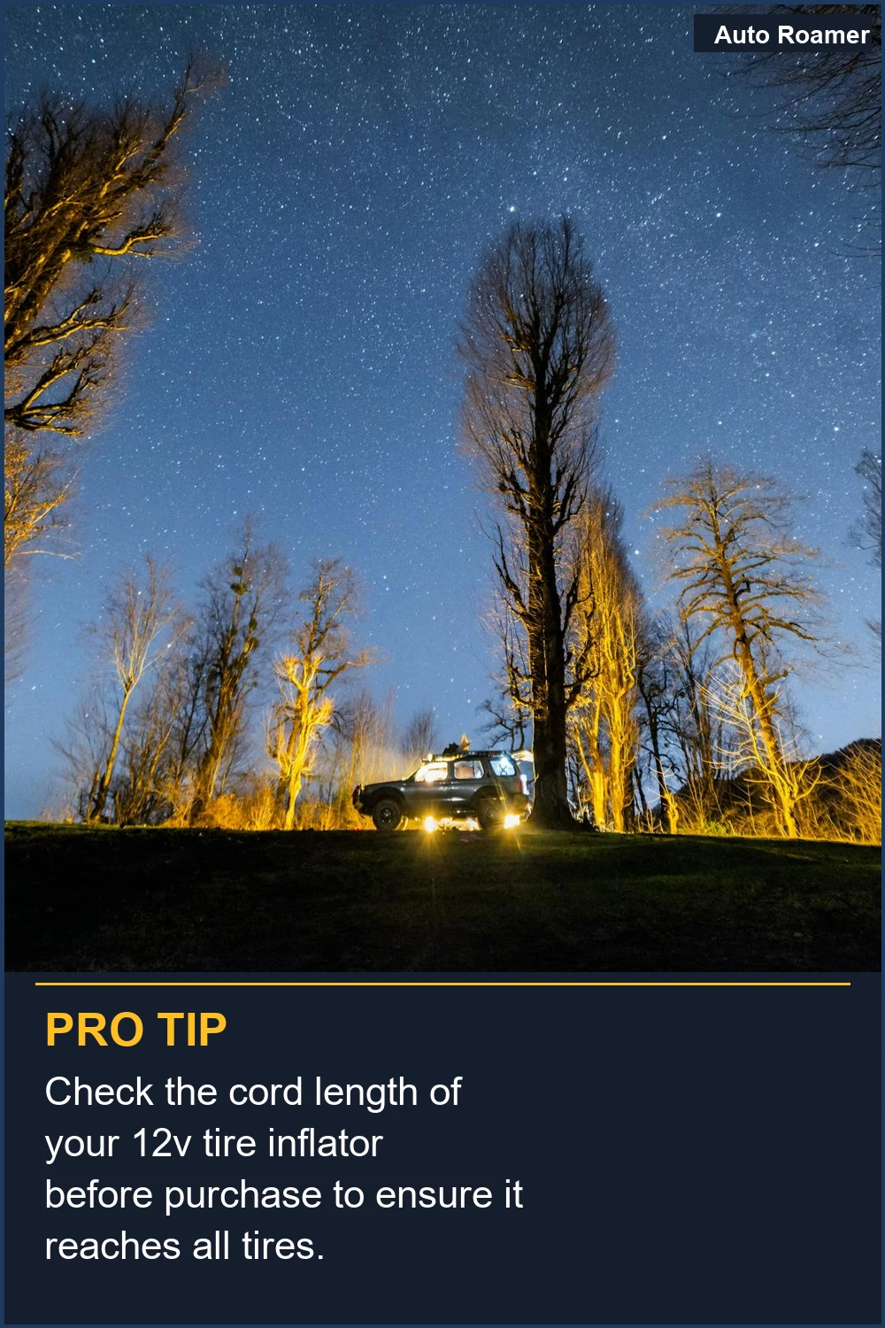 Verifica la longitud del cable de tu inflador de neumáticos de 12V antes de comprar para asegurarte de que llegue a todos los neumáticos.