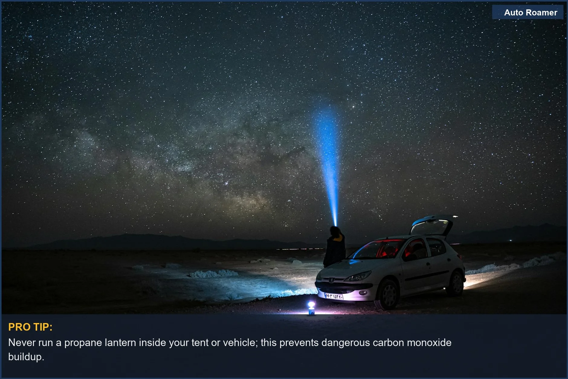Person using a flashlight by a car under the Milky Way, highlighting propane lantern safety.