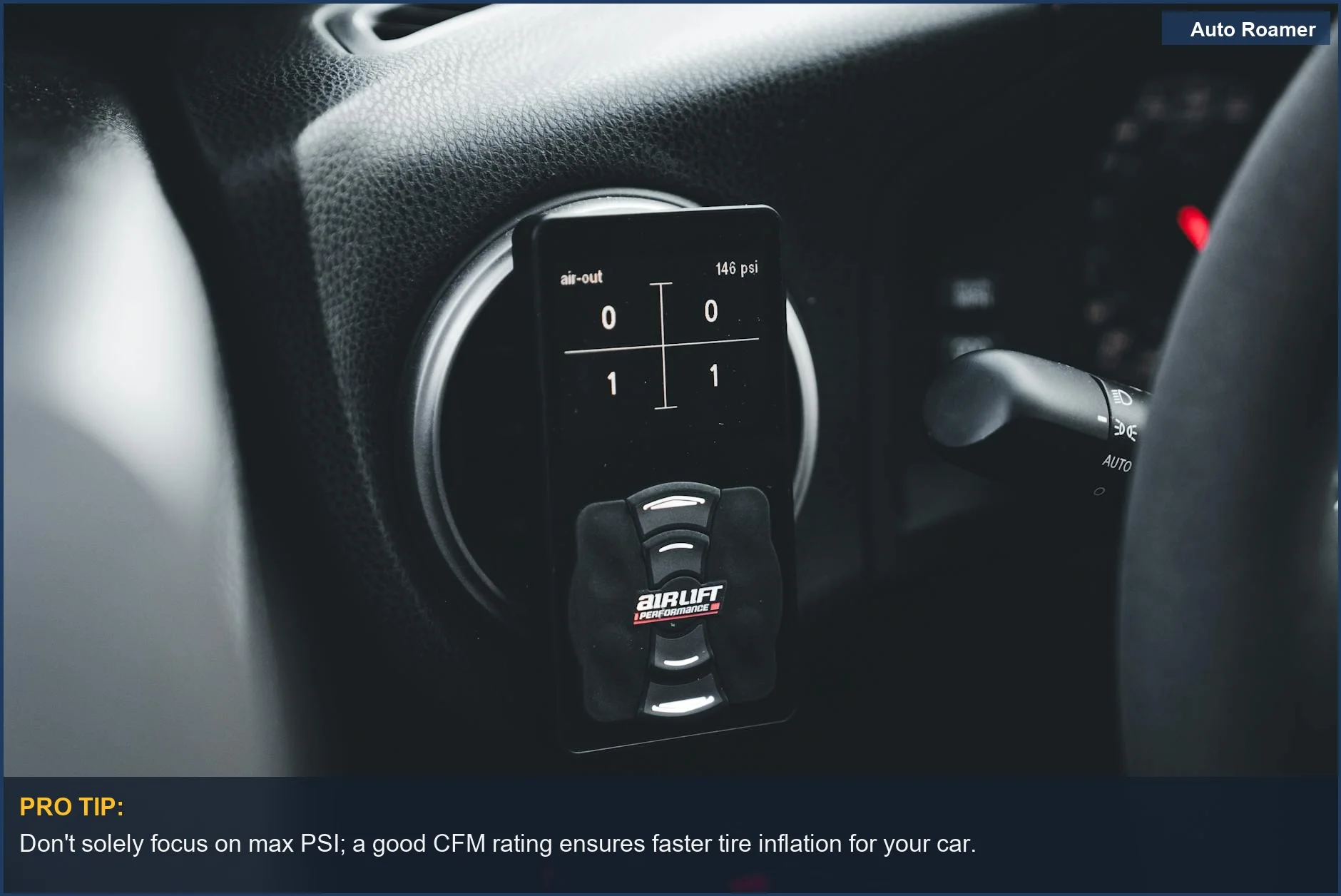 Close-up of an AirLift Performance gauge in a car interior, highlighting precise tire inflation.