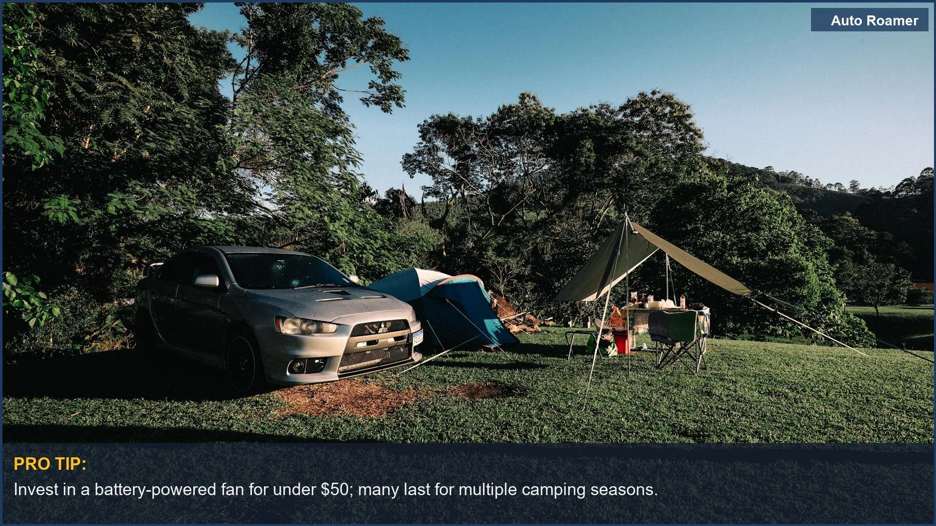 Serene car camping with a tent and parked car in greenery, showcasing a sleeping fan for comfort.