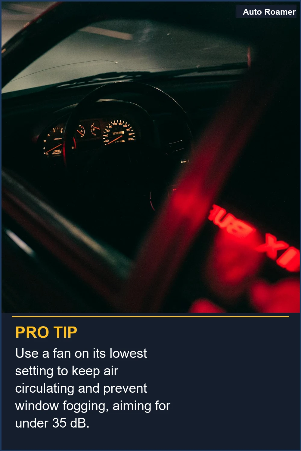 Use a fan on its lowest setting to keep air circulating and prevent window fogging, aiming for under 35 dB.