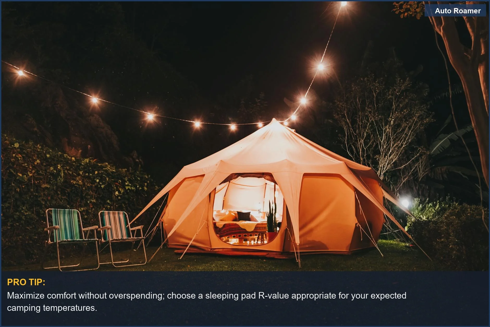 Cozy illuminated tent at night, emphasizing smart choices for sleeping pad R-value in car camping.