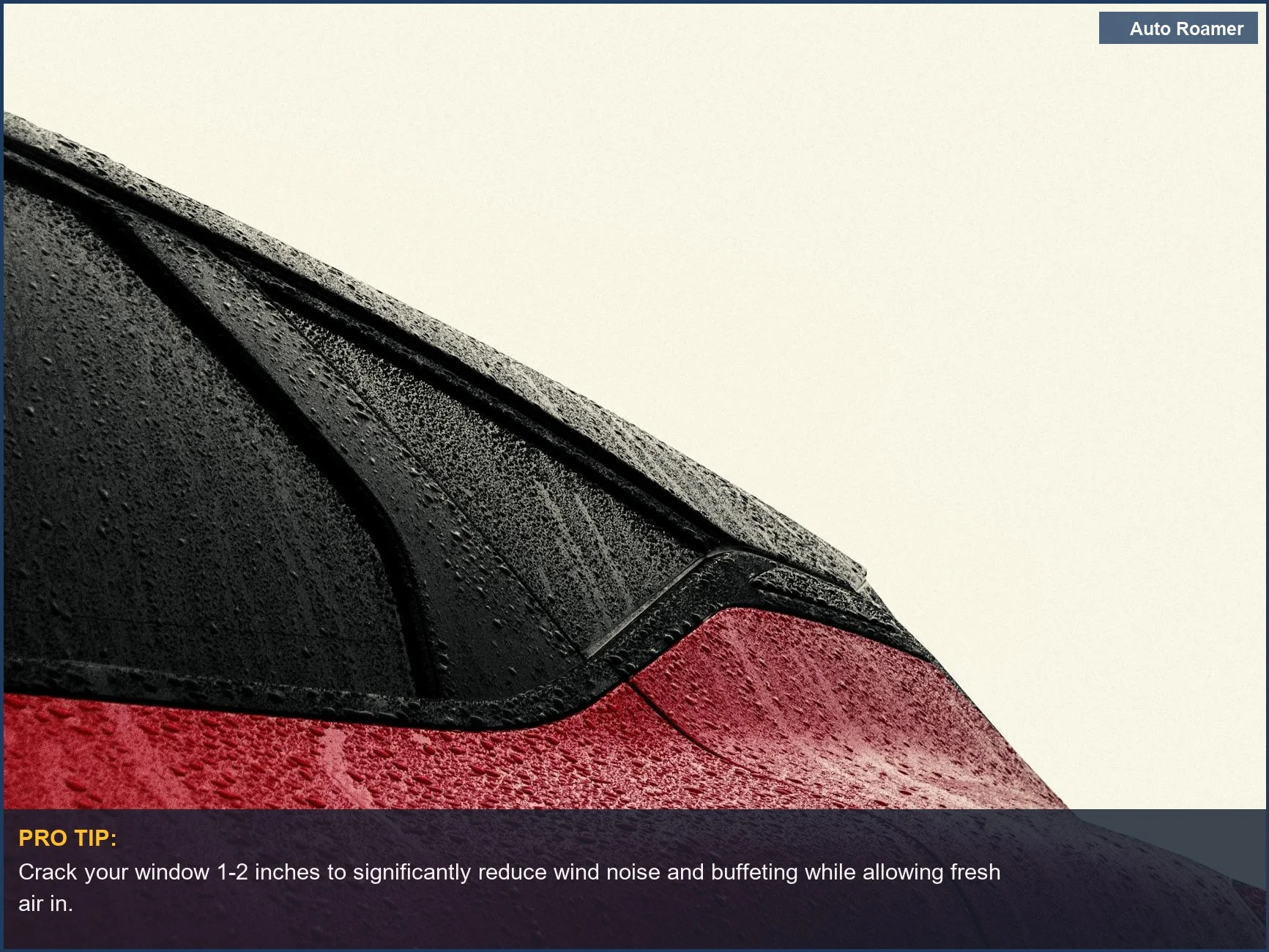 Red car window visor with rain droplets, improving car interior air quality with subtle ventilation.