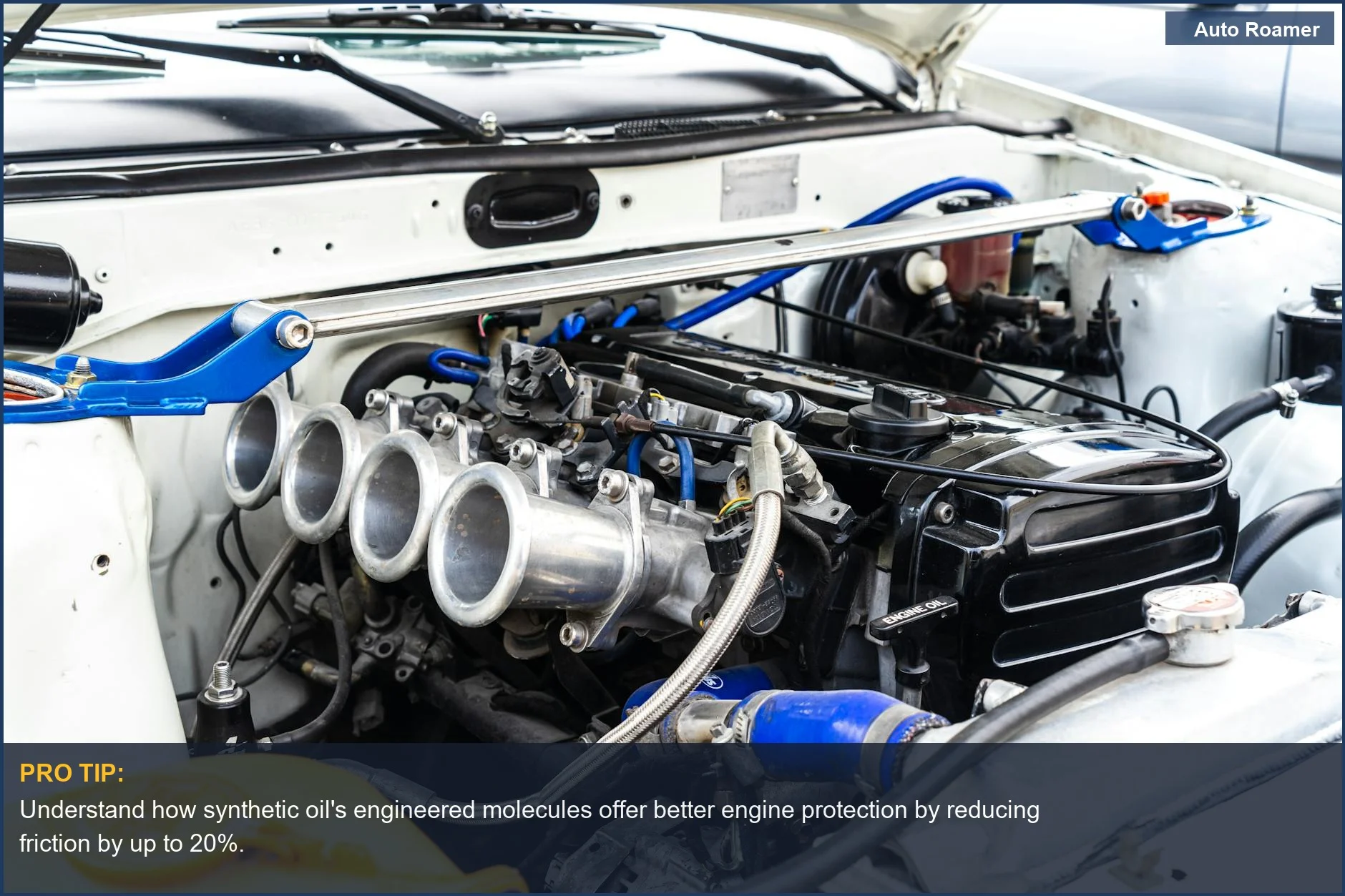 Close-up of a meticulously engineered synthetic car engine, highlighting uniform molecules for superior engine protection.