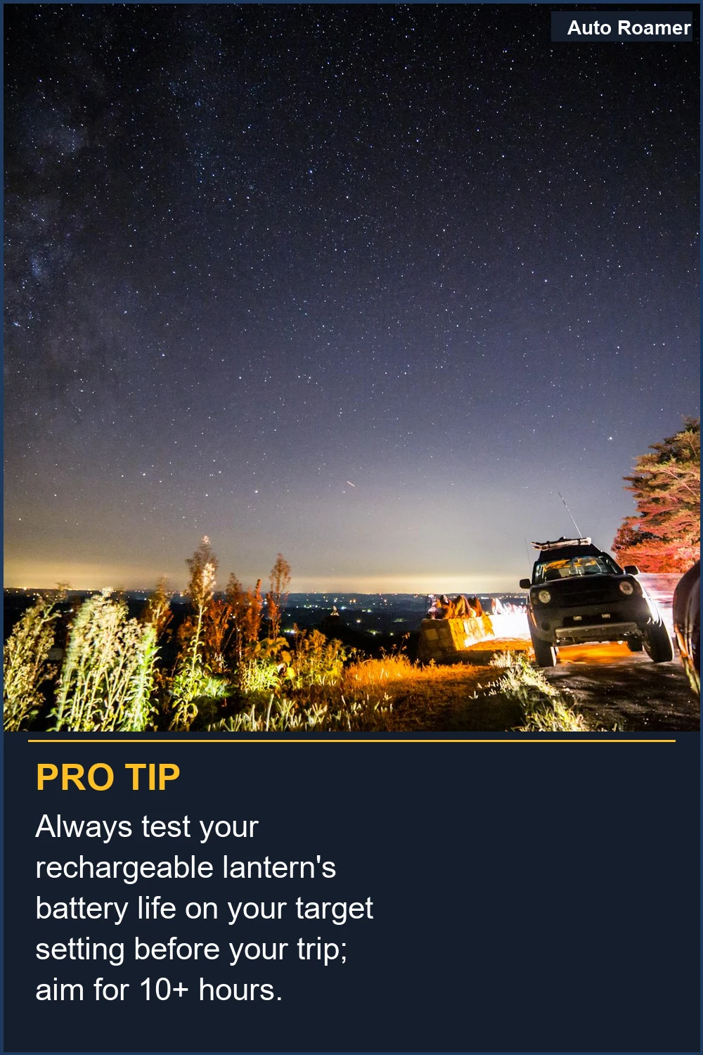 Always test your rechargeable lantern's battery life on your target setting before your trip; aim for 10+ hours.