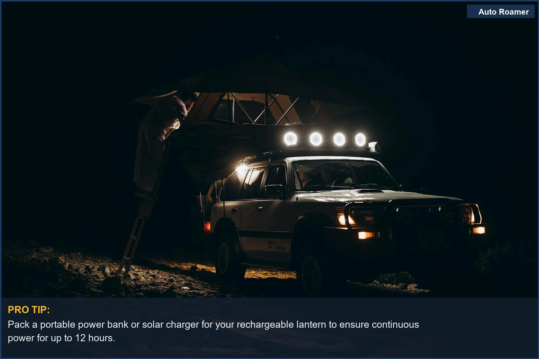 Cozy car camping setup in Oman with an off-road vehicle, featuring a reliable rechargeable lantern for extended use.