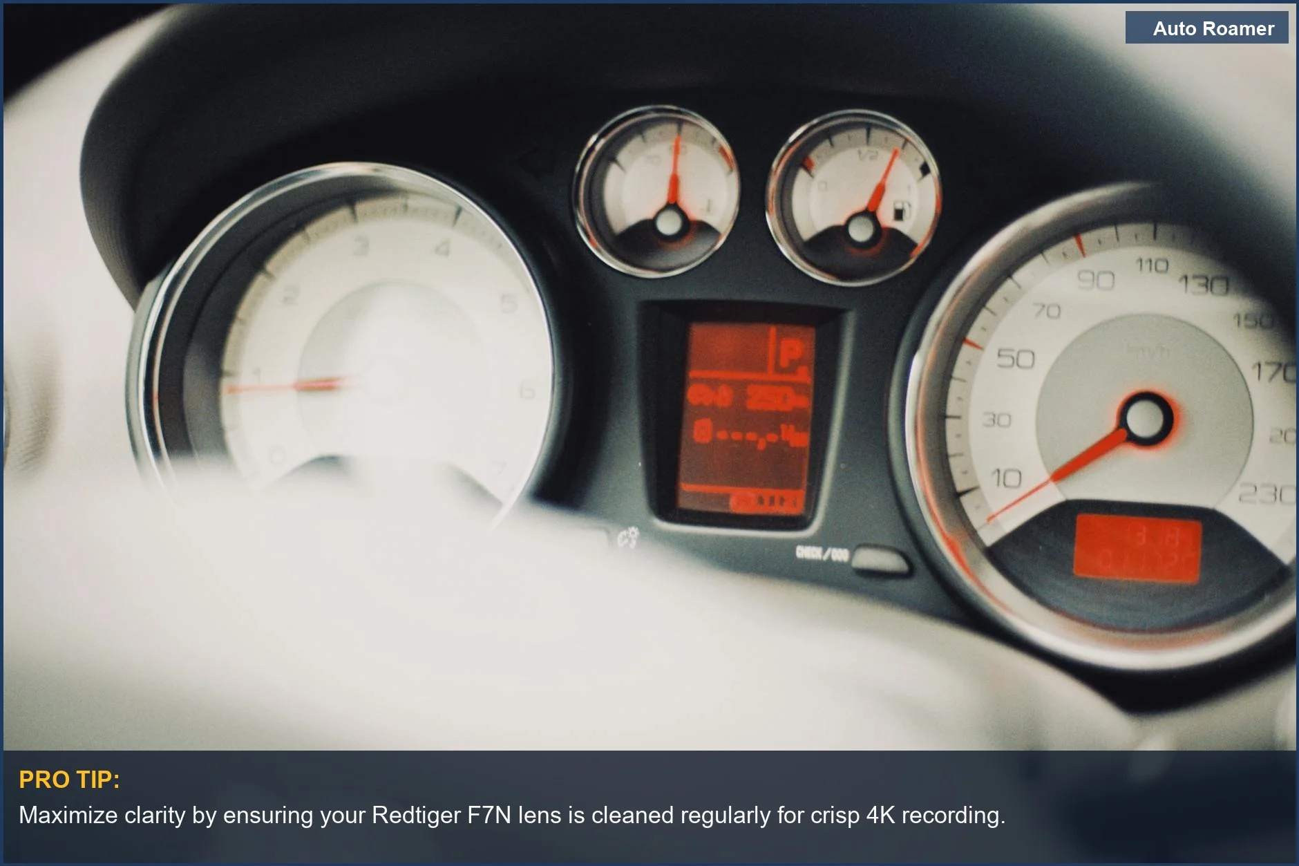 Car dashboard with speedometer and gauges, highlighting the driver's view for Redtiger F7N dash cam footage.