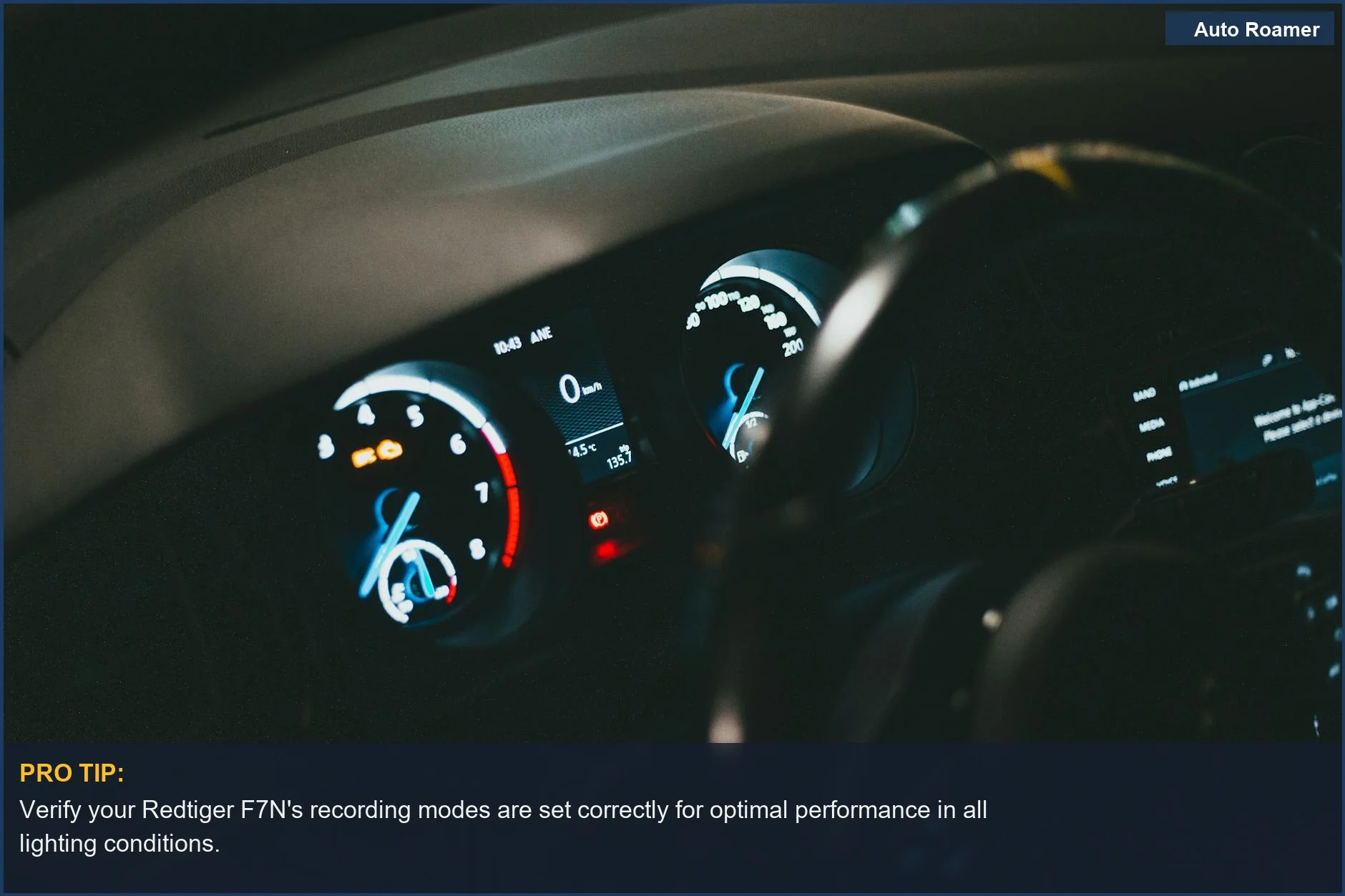 Illuminated car dashboard showing speedometer and odometer, important for Redtiger F7N driving context.