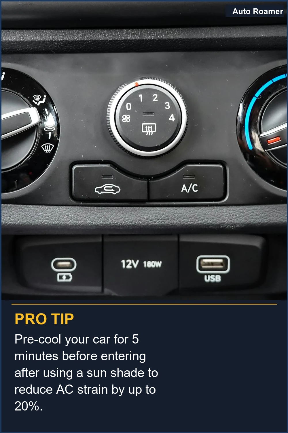 Pre-cool your car for 5 minutes before entering after using a sun shade to reduce AC strain by up to 20%.