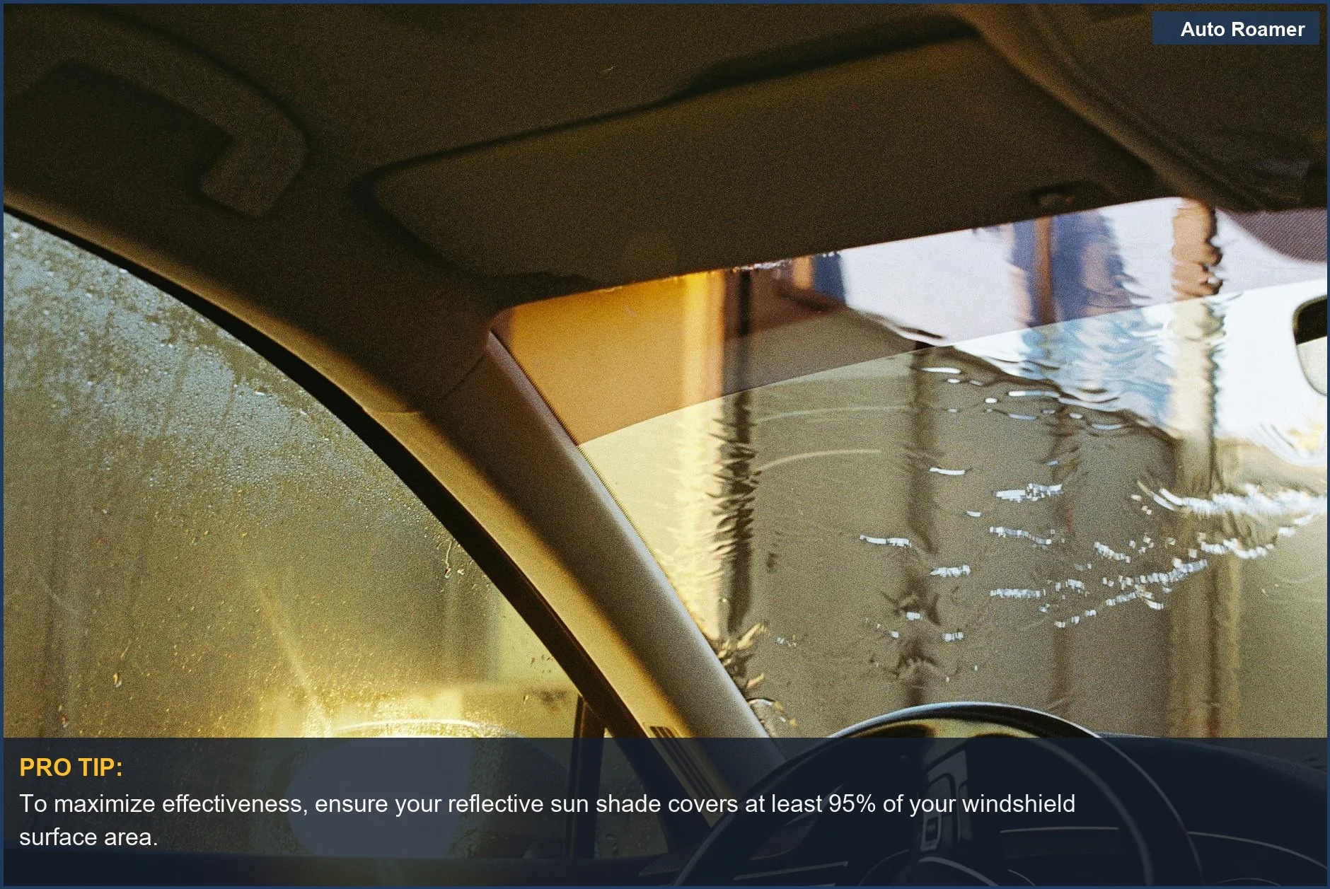 Inside view of a wet car windshield with blurred sunlight, showcasing the need for effective car sun shade types.