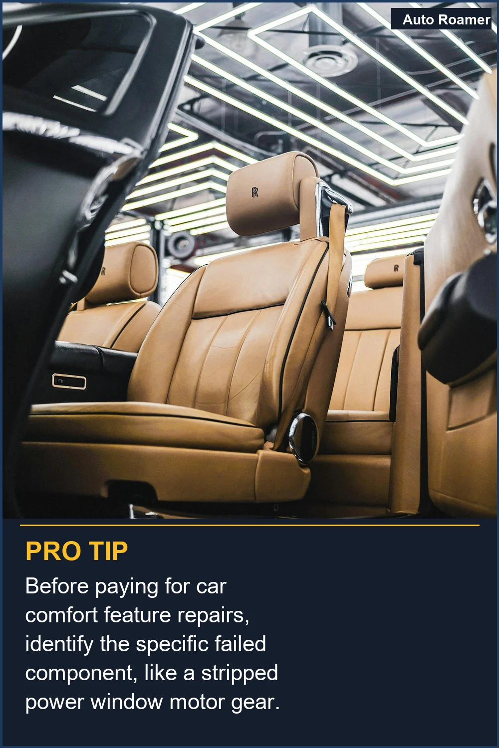 Antes de pagar por reparaciones de elementos de confort del coche, identifica el componente específico defectuoso, como un engranaje de motor de elevalunas eléctrico roto.