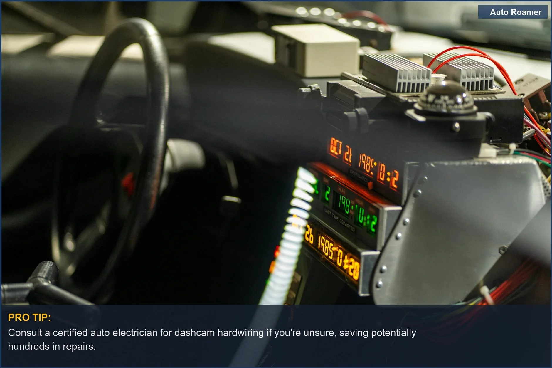 Futuristic car dashboard with glowing displays, illustrating complex electrical systems and dashcam installation risks.
