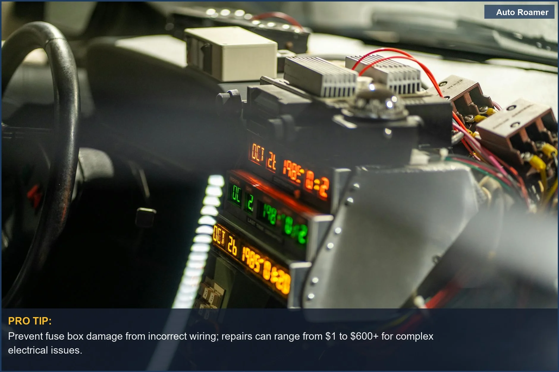 Intricate high-tech car dashboard with digital displays and complex wiring, illustrating potential damage from faulty dash cam installs.