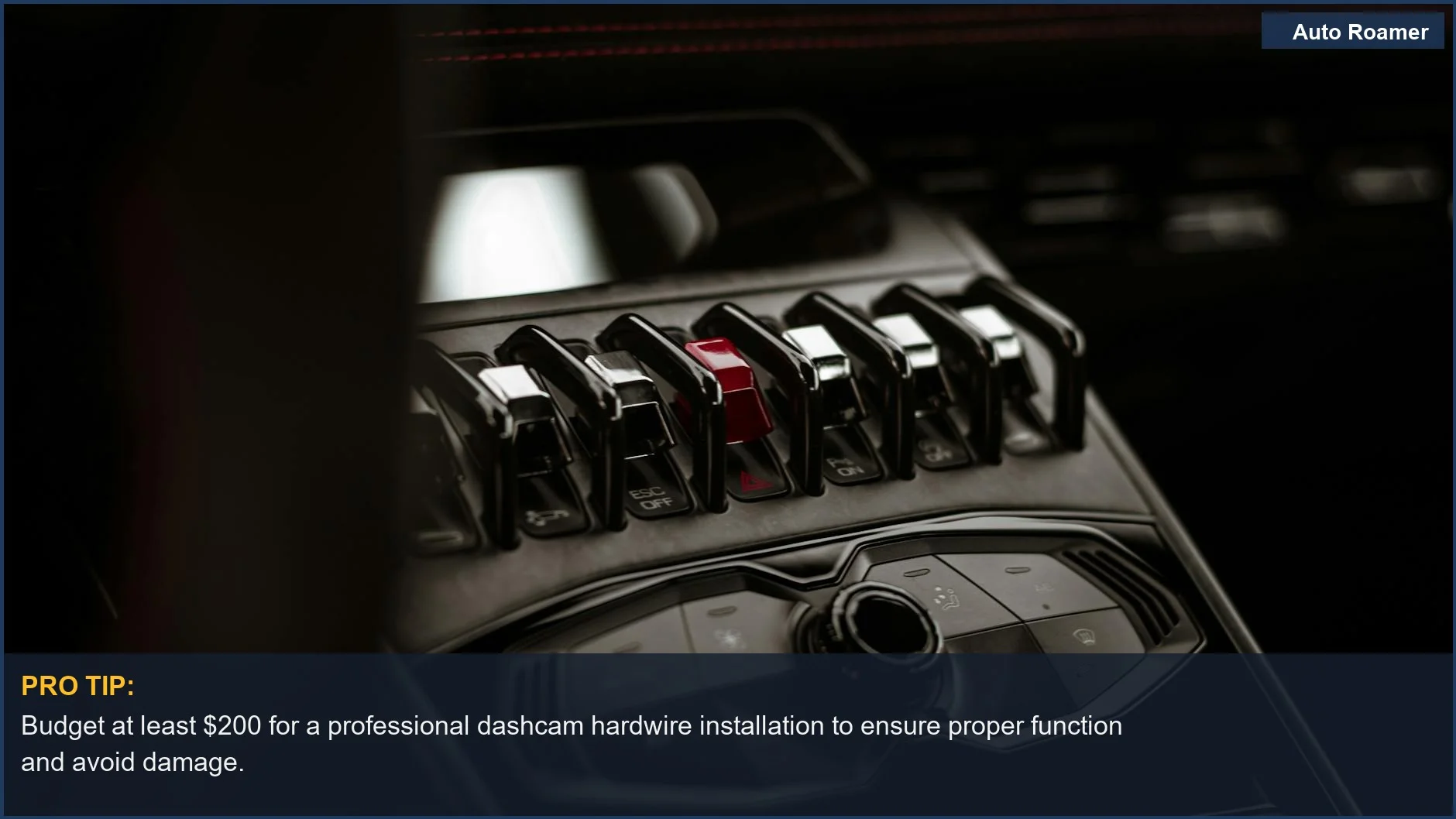 Luxurious Lamborghini dashboard with switches, indicating high-value car electronics and dashcam installation pitfalls.