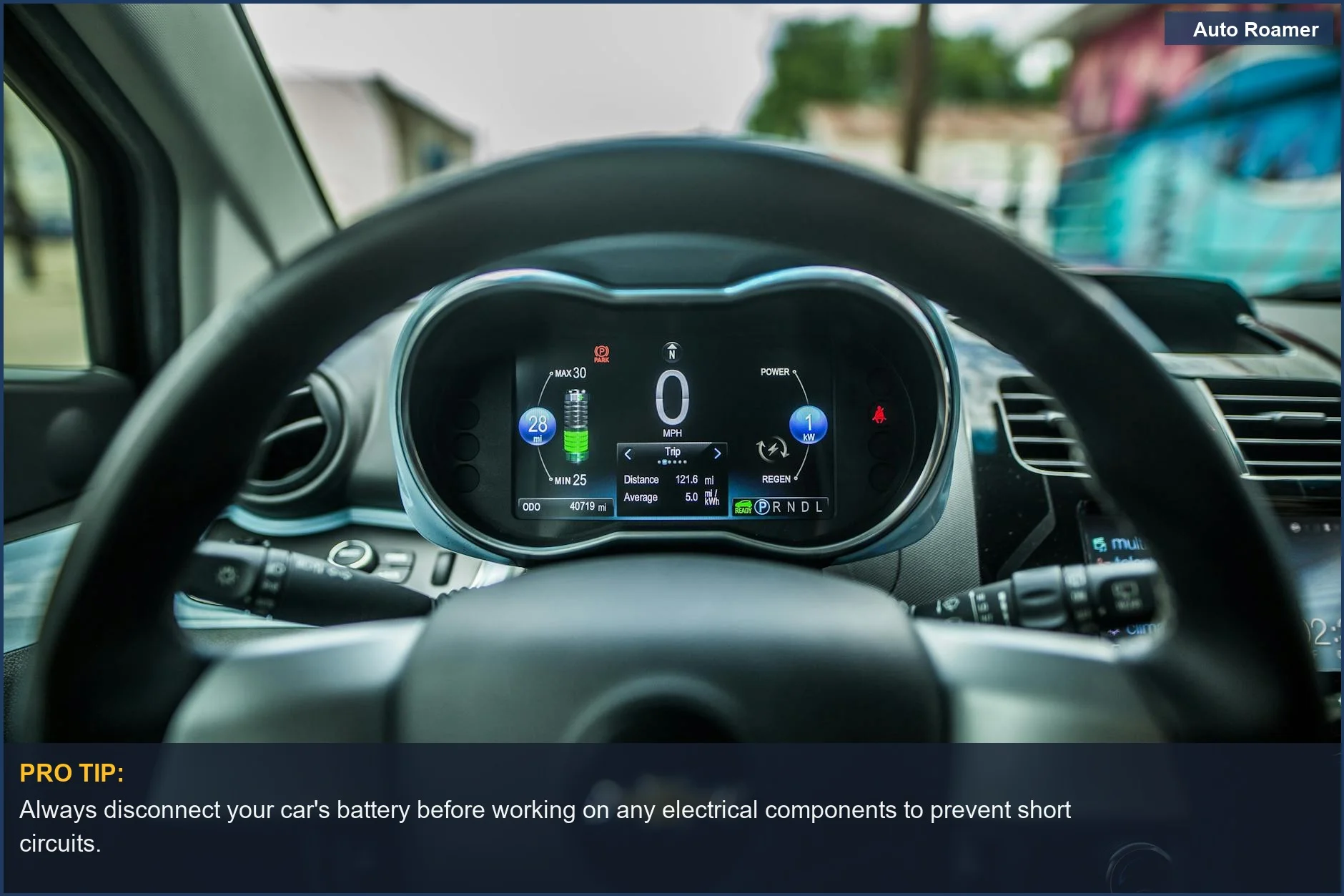 Close-up of a modern car dashboard with digital display, relevant to dashcam wiring repair expenses.