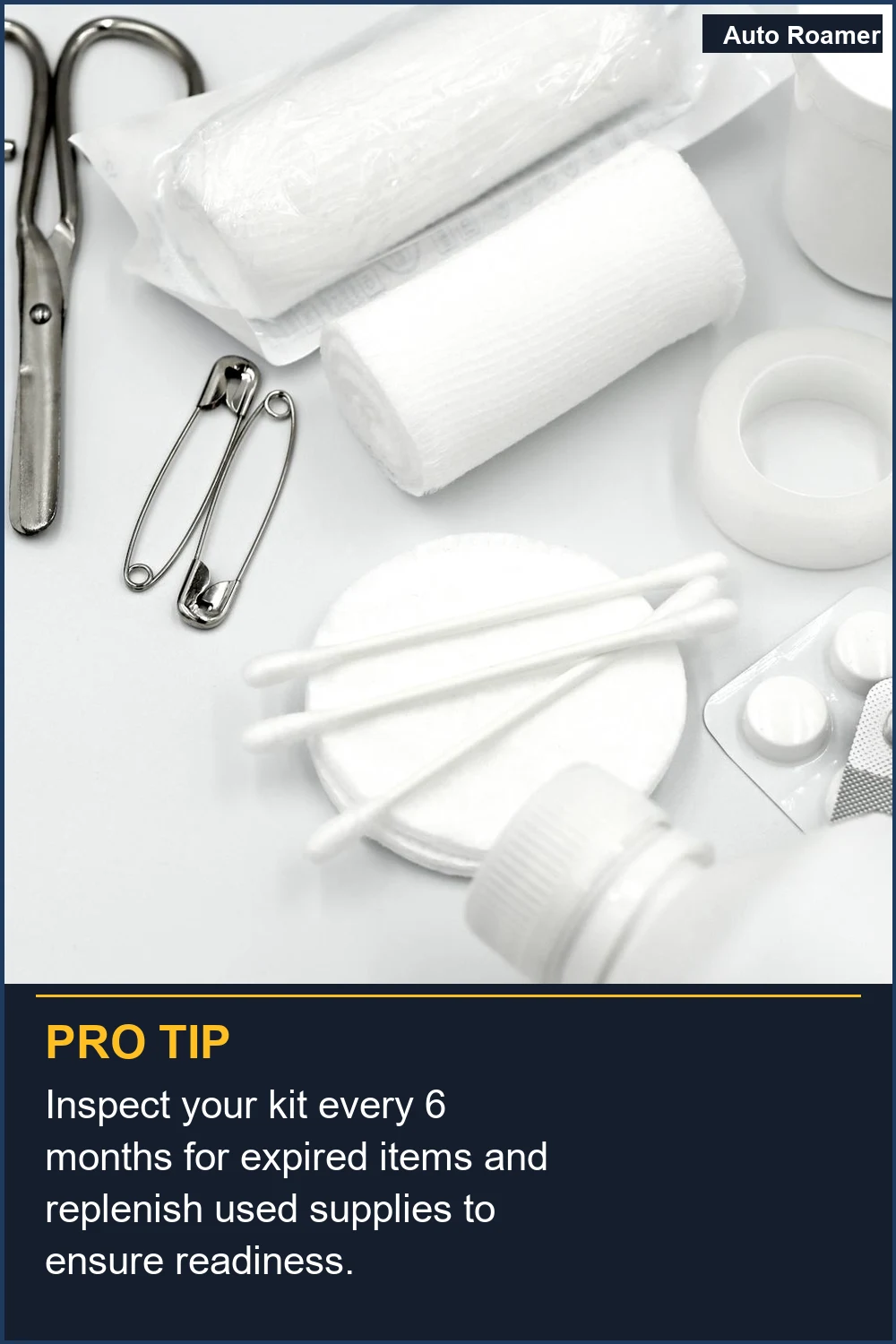 Inspect your kit every 6 months for expired items and replenish used supplies to ensure readiness.