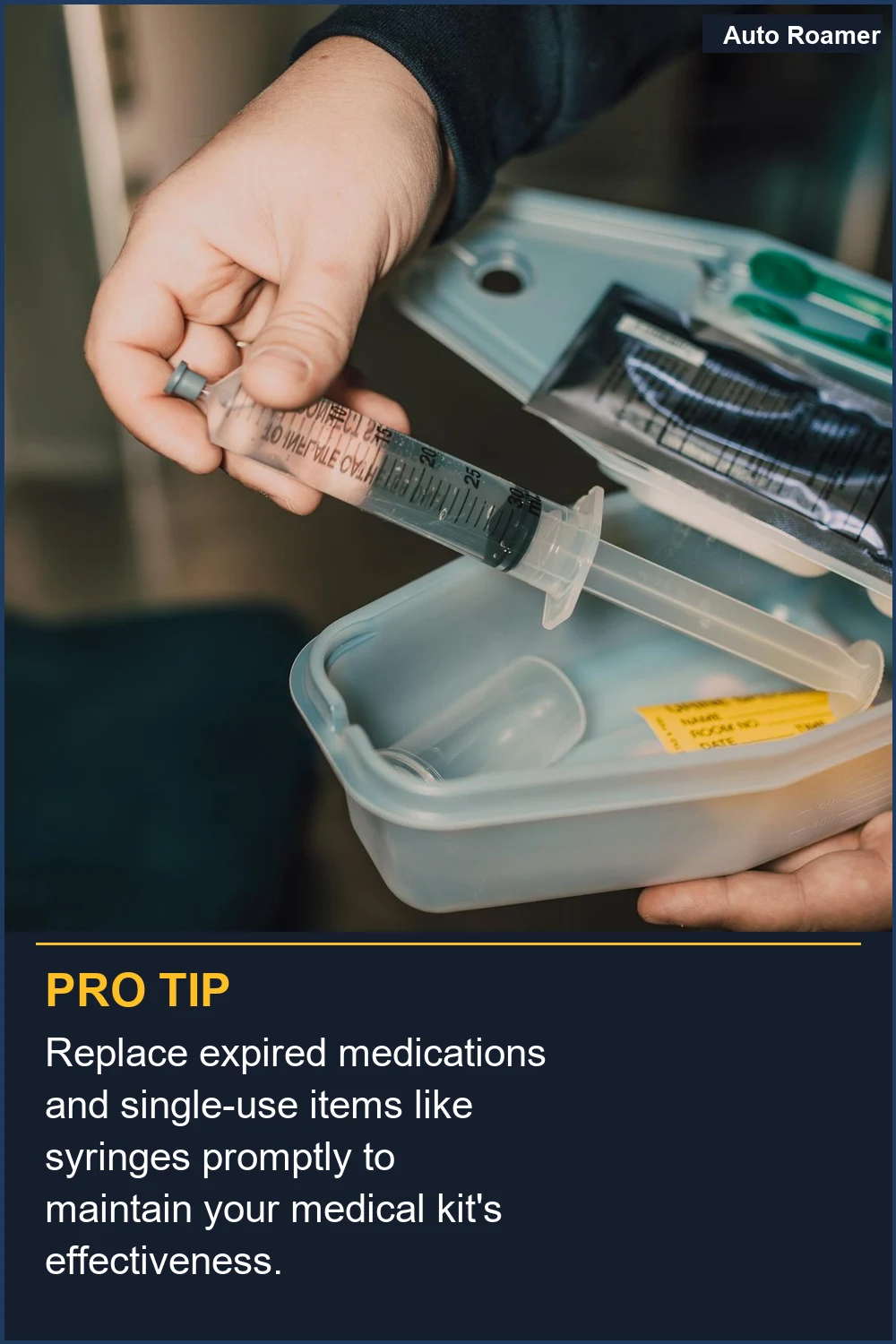 Replace expired medications and single-use items like syringes promptly to maintain your medical kit's effectiveness.